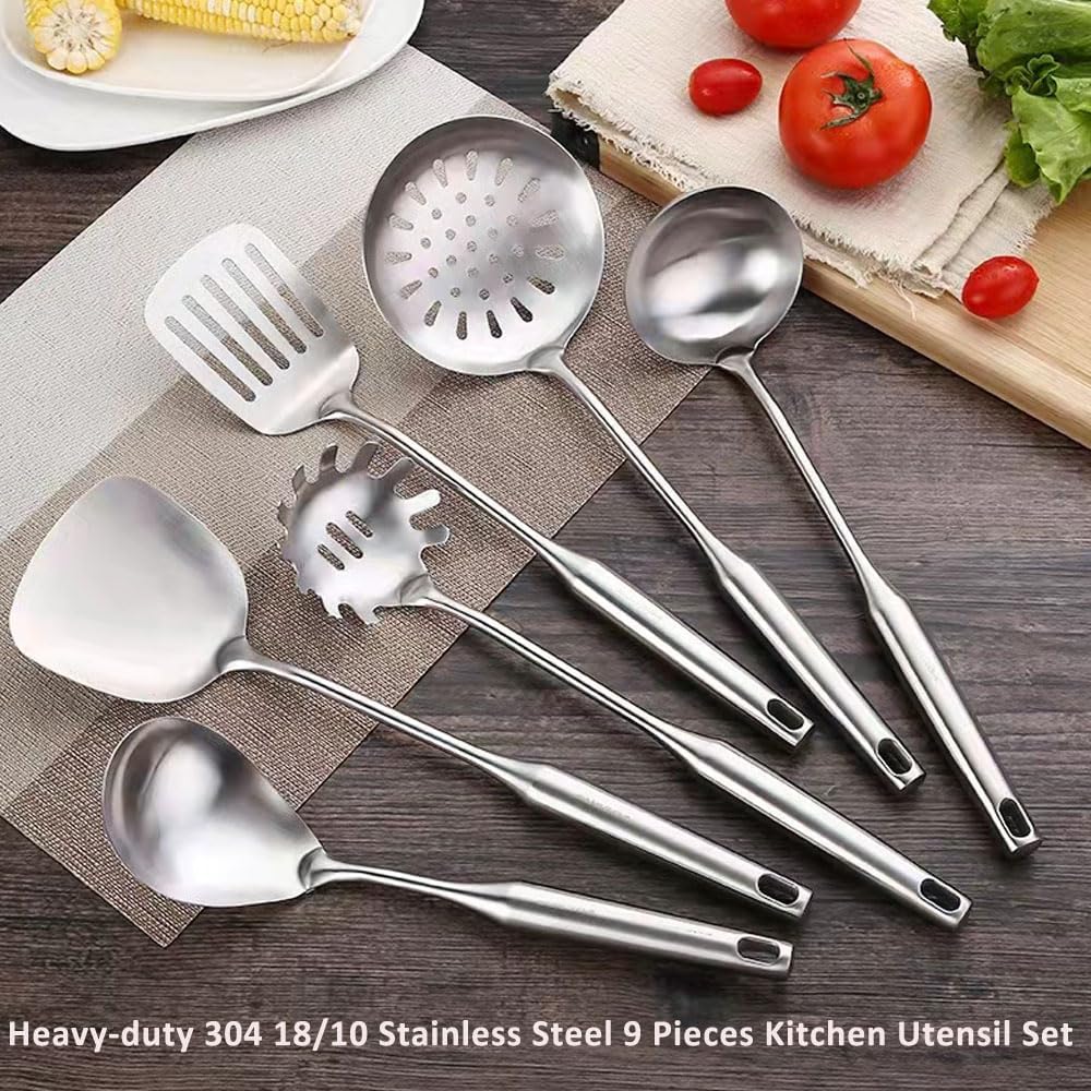 304 18/10 Stainless Steel Kitchen Utensils Set 9 Pcs Long Cooking Utensil, Spatula, Soup spoon, Leaking shovel, Ladle, Tunner, Pasta Server, Meat Fork Kitchen Tools Set (9 Pieces Set)