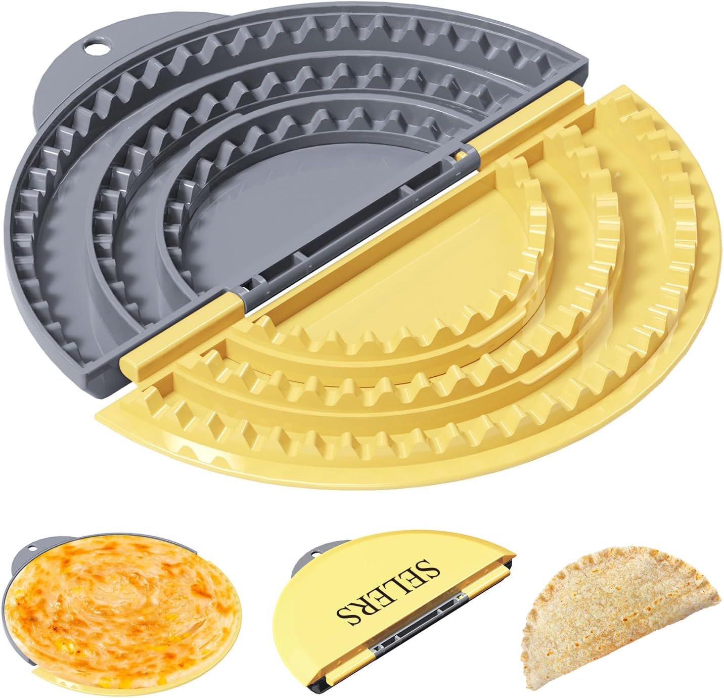 Tortilla Sealer,SELERS,Tacos tortilla crimper Maker Large,Removable & Adjustable 6"-8''-10" Crust,For Burritos,Pasties,Tortilla,Dumplings,Sandwich,Grey Yellow