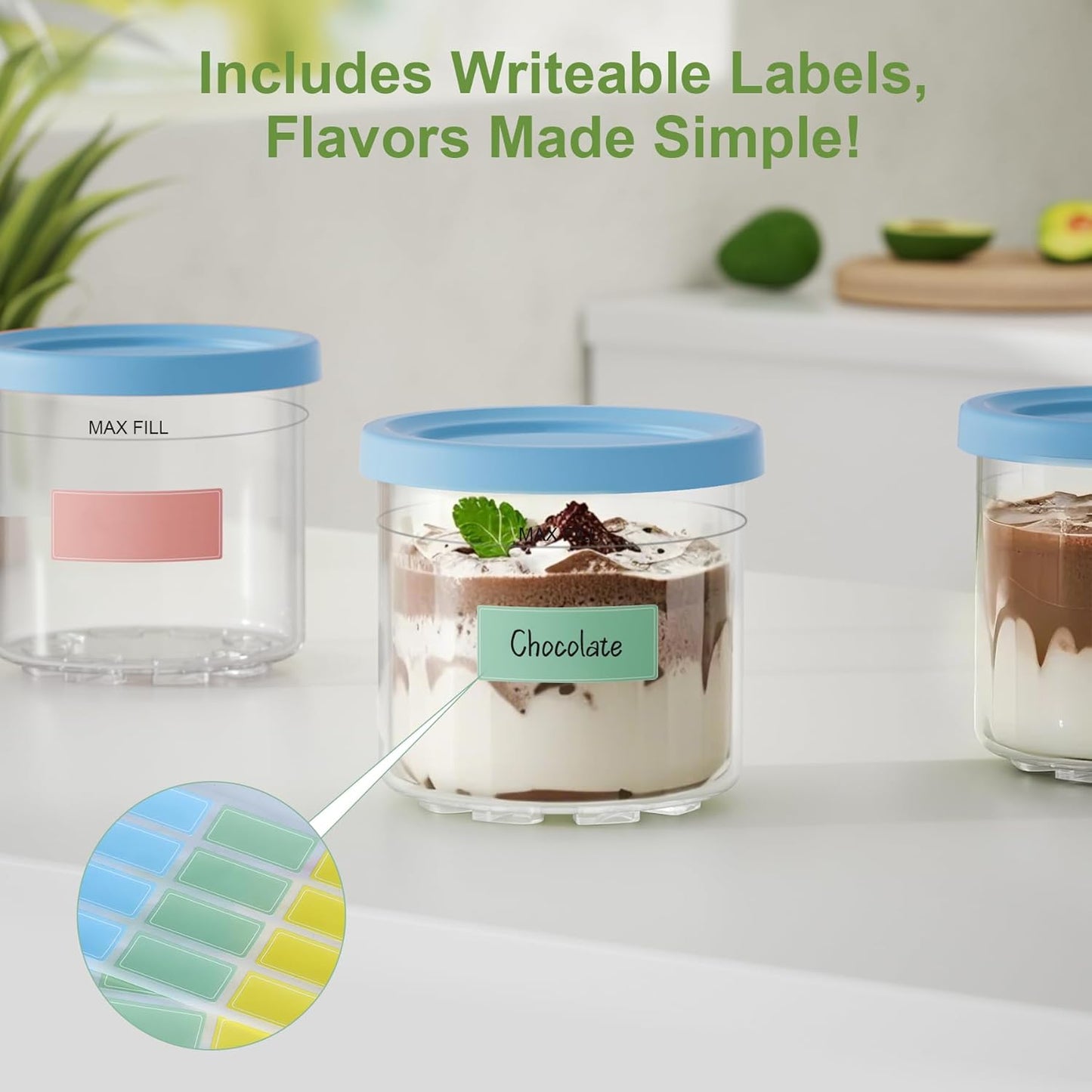 4 Pack Creami Pint Containers and Lids for Ninja with 4 Spoons and Writable Labels, Compatible with Ninja NC299 NC300 NC301 Series Creami Maker Machine Accessories, BPA Free & Dishwasher Safe, Blue