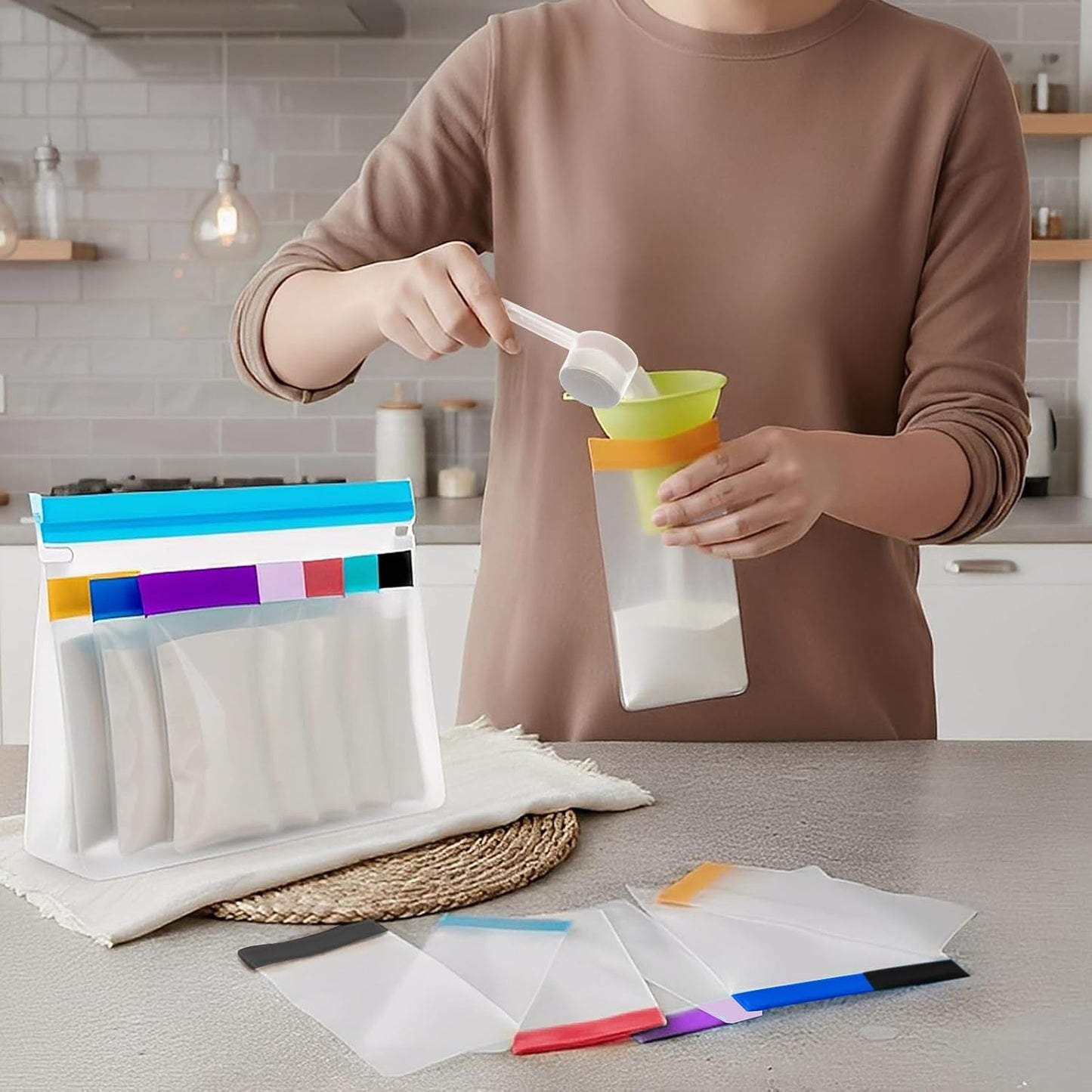 Protein Powder Travel Kit - 14 Single/Double Dose Pouches + 2 Large Storage Bags and 14 Pill Pouch Bags with Funnels, Scoops & Labels, TSA-Compliant Supplement Organizer