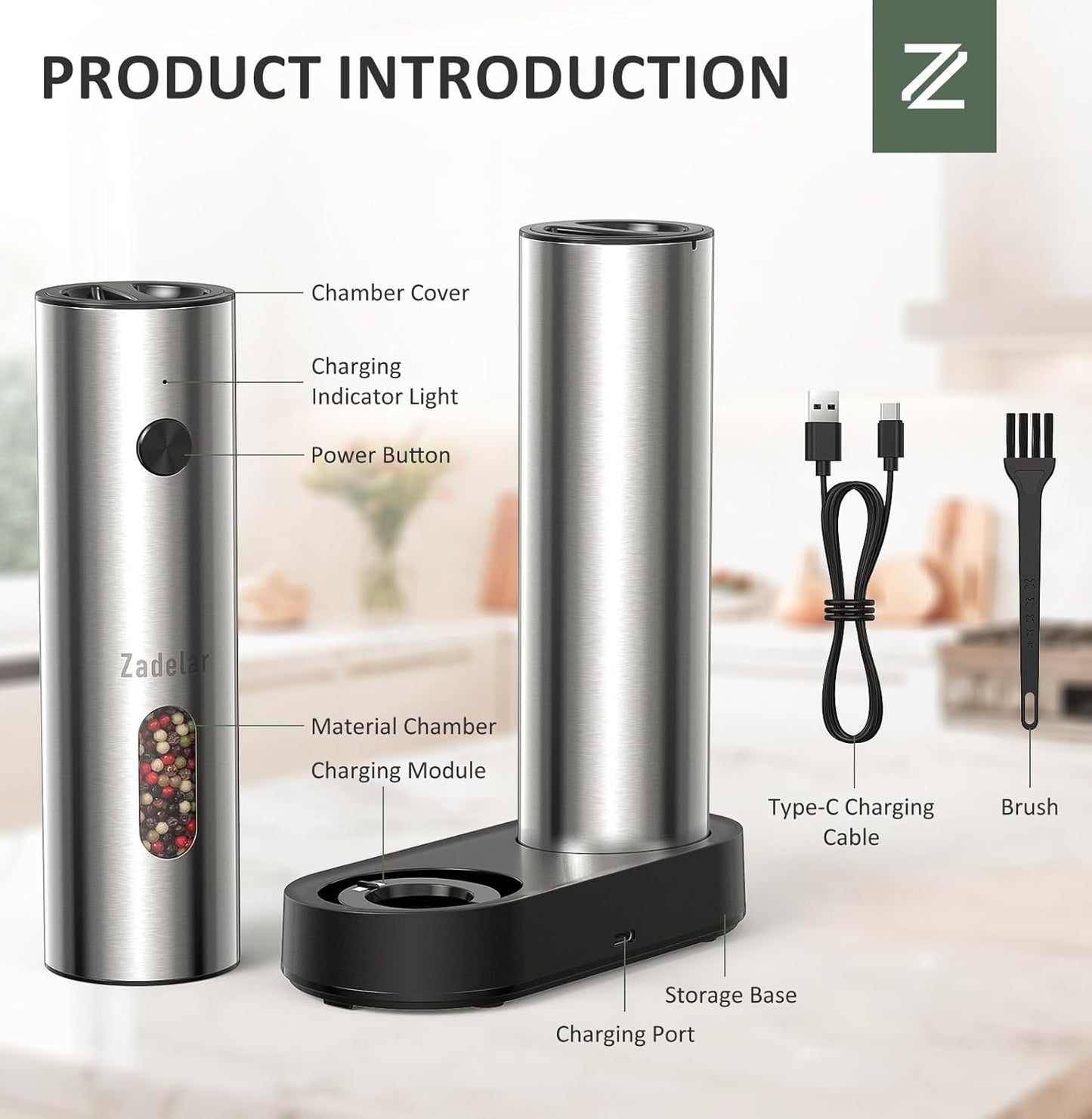 Salt and Pepper Grinder Set Electric,Rechargeable Salt and Pepper Shakers Stainless Steel with USB C Dual Charging Base,Upgraded Large Capacity,Adjustable Coarseness,LED Light,Ideal for Mom