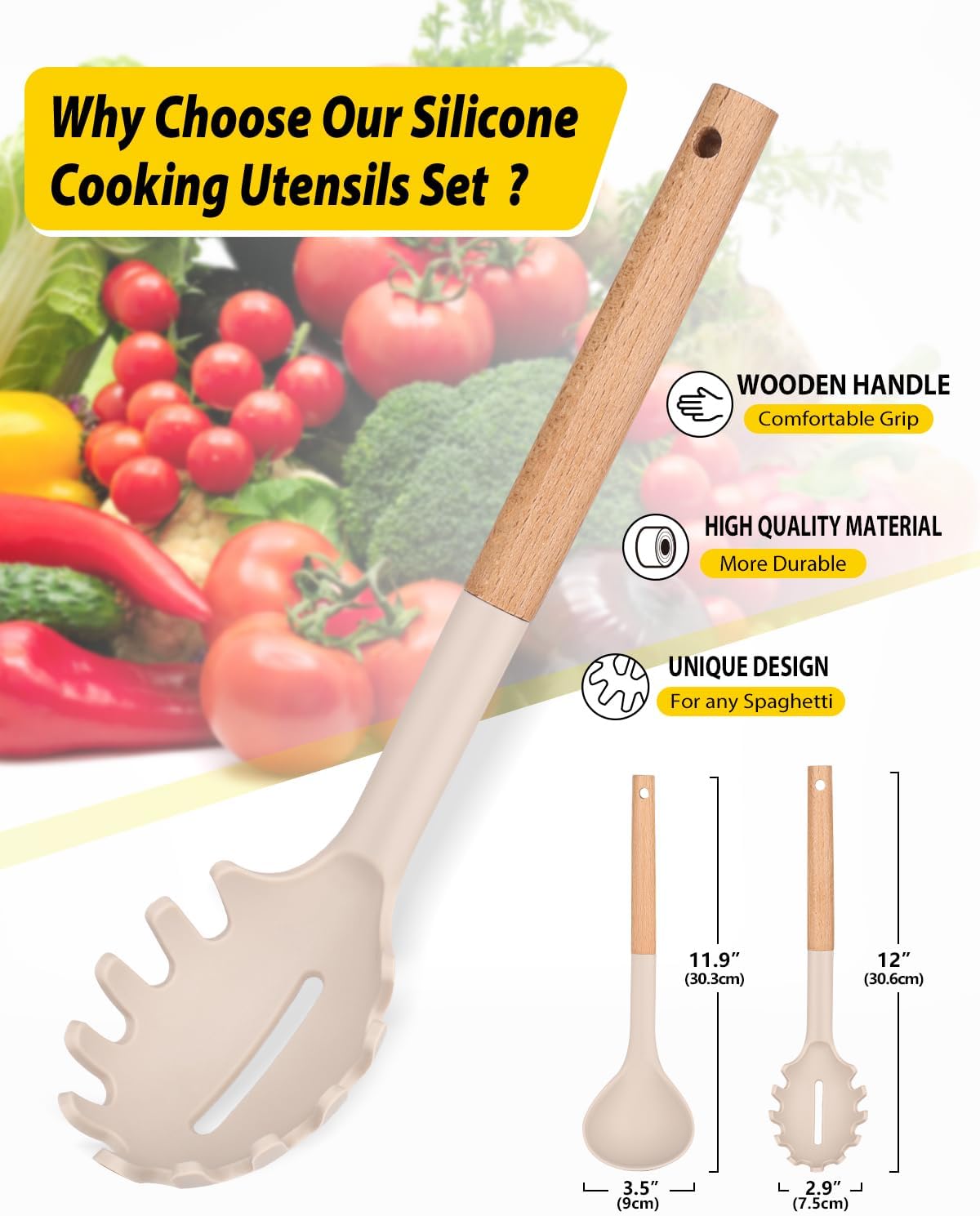 Silicone Pasta Fork and Ladle Spoon Set with Wooden Handle, Heat Resistant Non Stick Kitchen Utensils for Cooking, Stirring, Serving Spaghetti, Soup, Sauce(KHAKI)