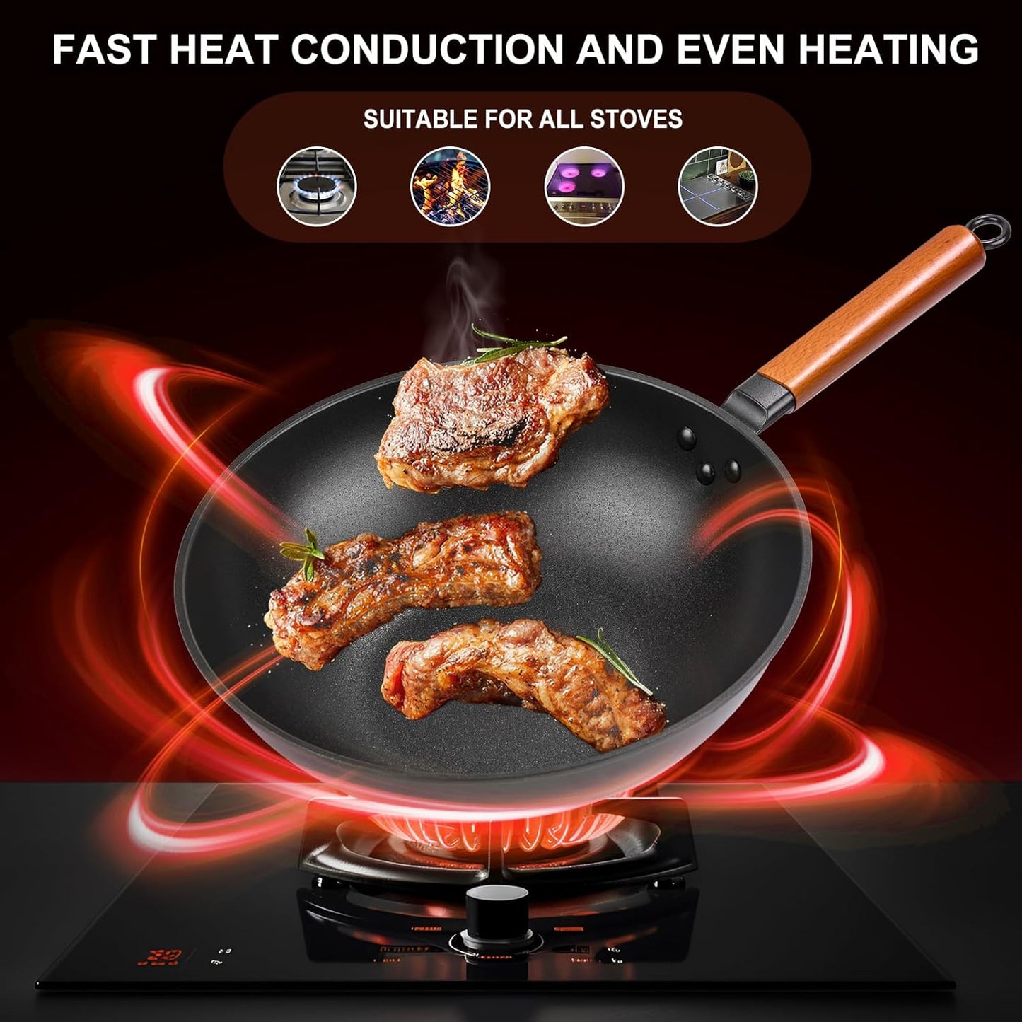 Carbon Steel Wok Pan - 12.9" Woks & Stir-Fry Pans Nonstick with Spatula: Flat Bottom Wok for Electric, Induction and Gas Stoves