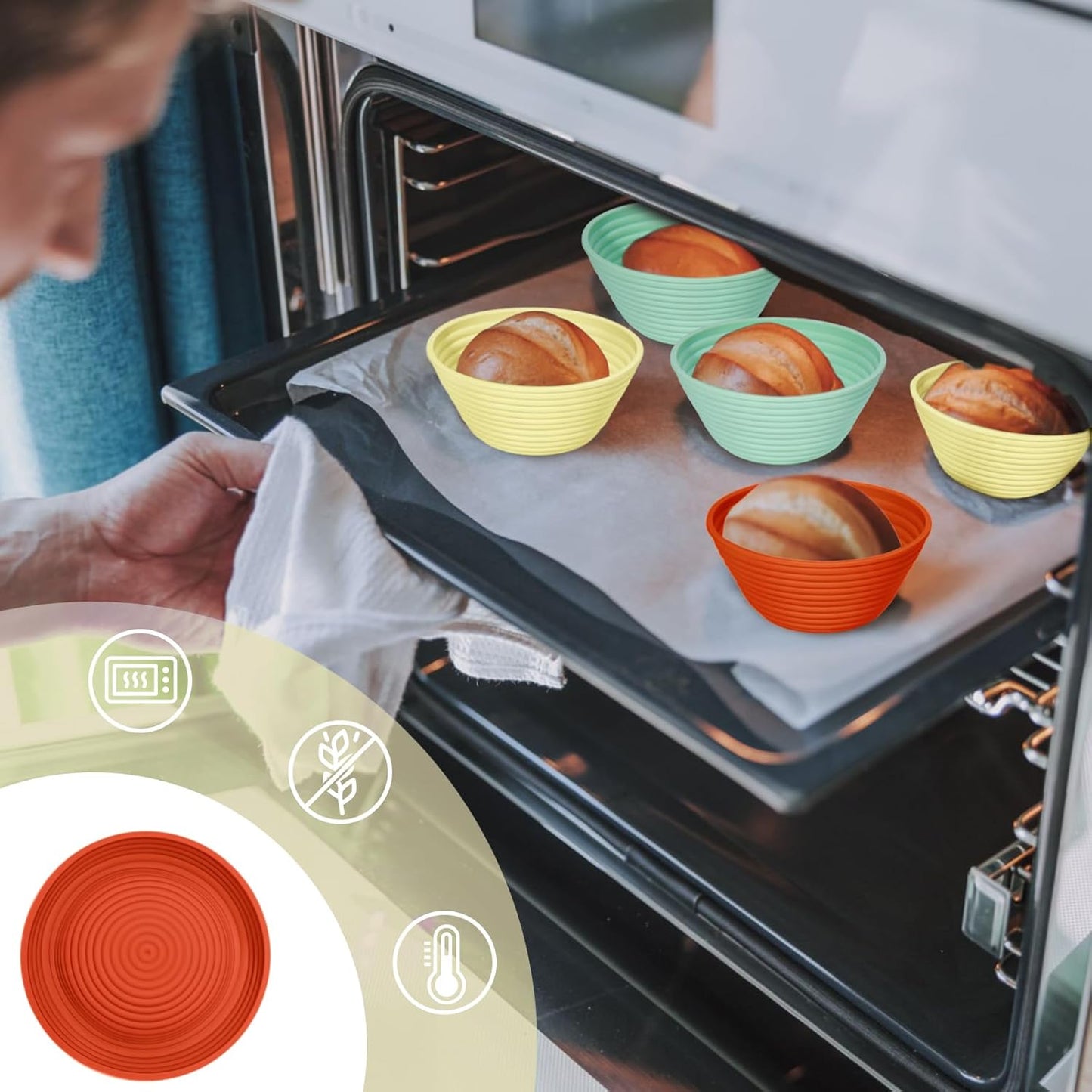 Silicone Banneton, Sourdough Bread Baskets (Set of 6, 5 Inch), Round Proofing Bread Bowls with Starter Kit, Bread Making Baking Supplies