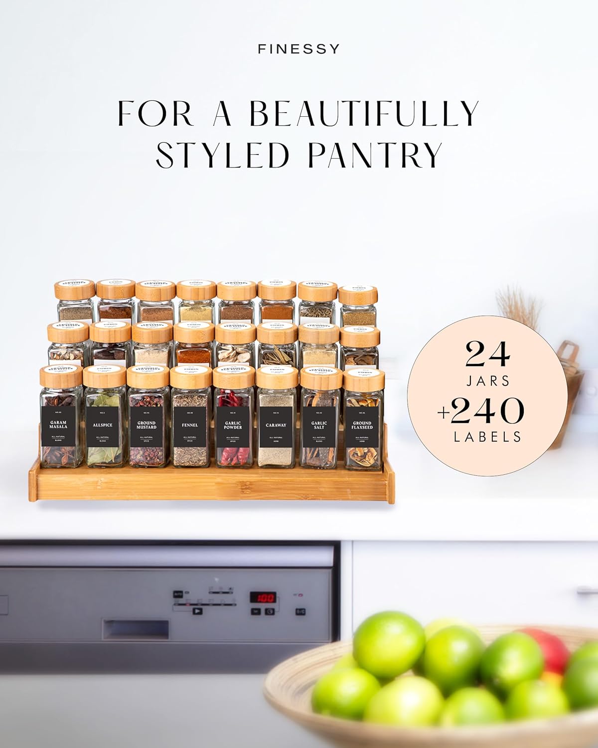 Bamboo Glass Spice Jars with Label and Shaker Lids Clear Empty 4oz 24 Pack Bottles Set, Square Glass Spice Containers with Labels Black, Seasoning Organizer Jars, Seasoning Containers with Labels Set