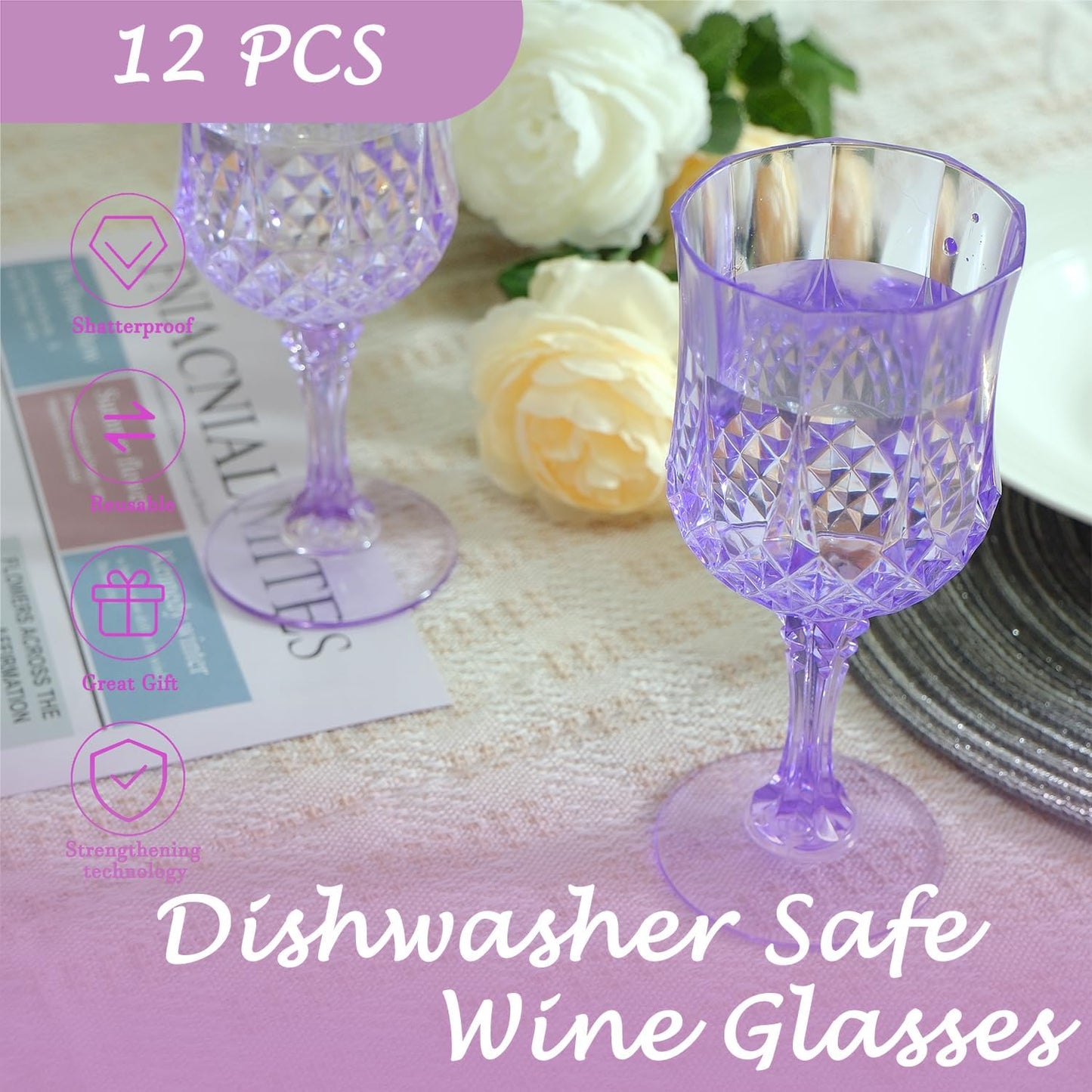12-Piece Vintage Style Plastic Wine Goblets - Elegant Purple Glassware for Weddings and Events
