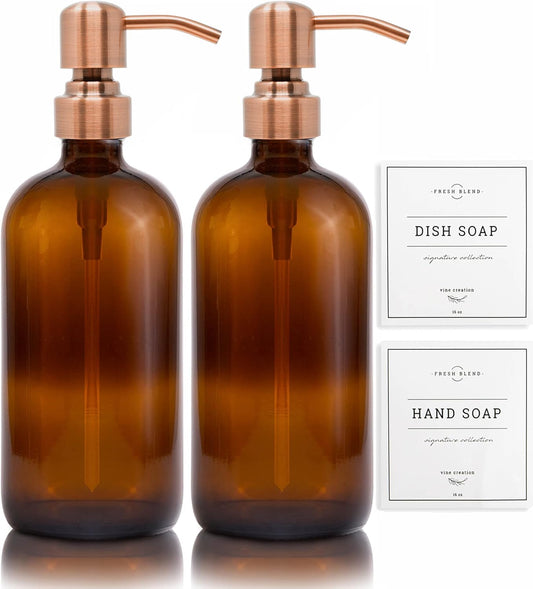 Vine Creations Amber Glass Soap Dispenser, 2 Pack Kitchen Soap Dispenser Set with Stainless Steel Pump, 16 oz Dish Soap and Hand Soap Dispensers for Bathroom with Waterproof Labels