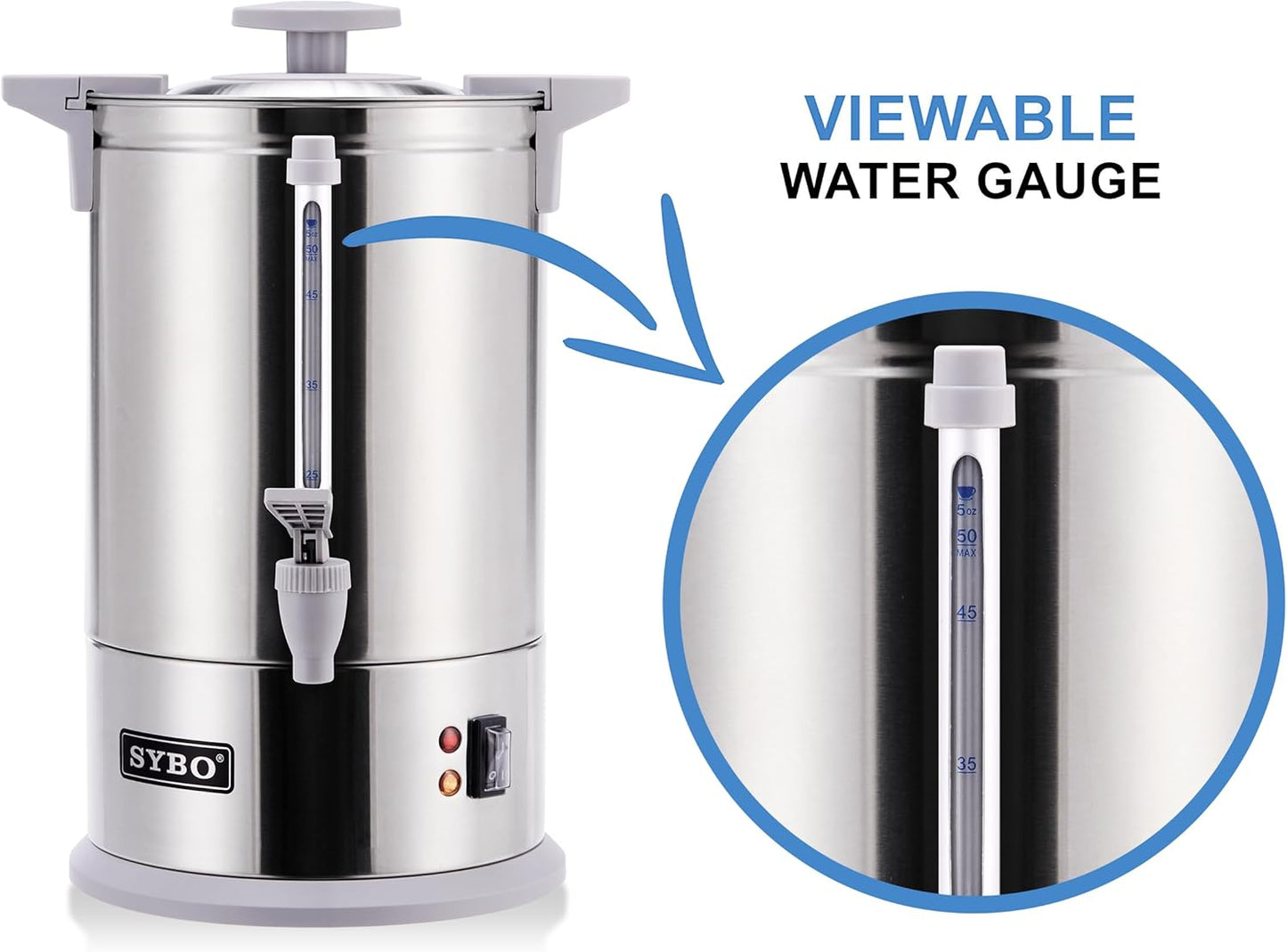SYBO SR-CP-50B Commercial Grade Stainless Steel Percolate Coffee Maker Hot Water Urn for Catering, 50-Cup 8 L, Grey