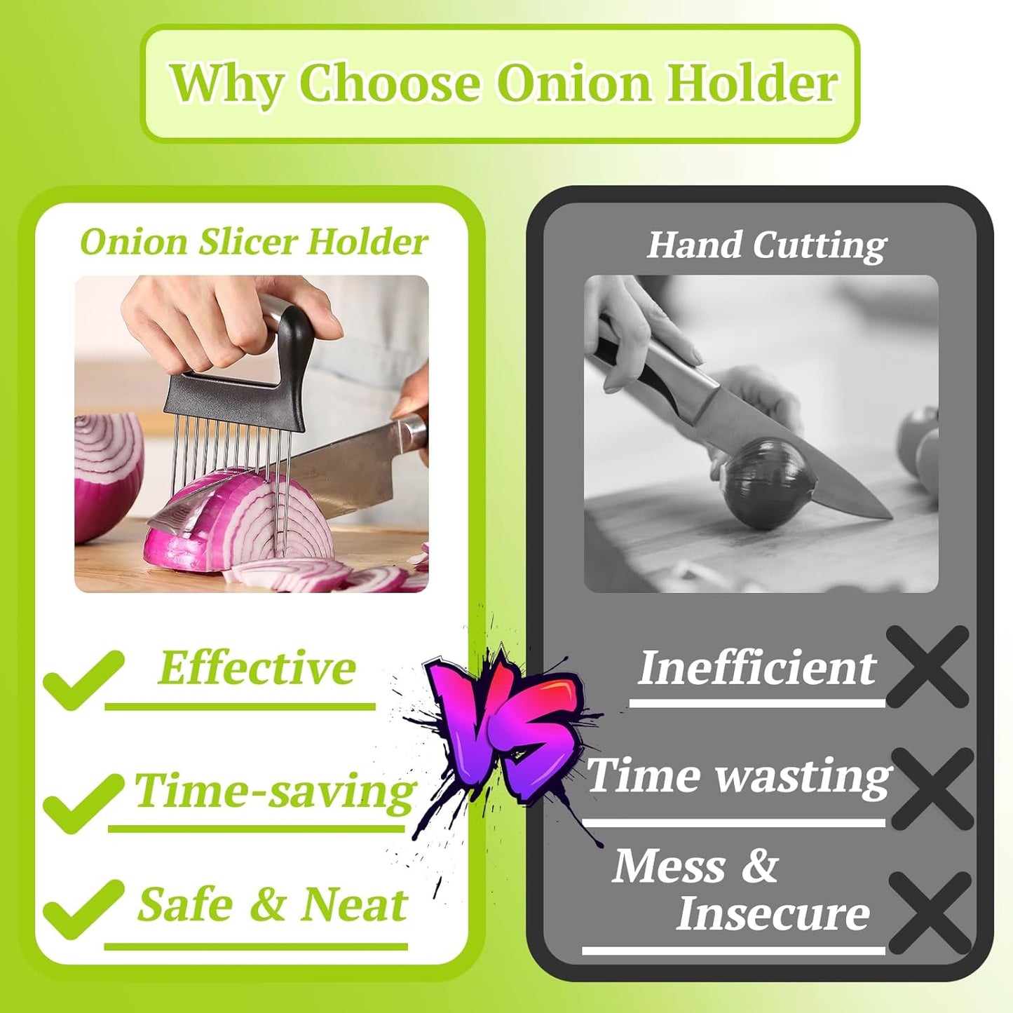 Suuker Onion Holder for Slicing, 2 Pieces Large Onion Cutter Vegetable Chopper, Stainless Steel Tomato Slicer for Potato Lemon, Meat Tenderizer Tool, Kitchen Food Slicer Guide for Neat Slicing