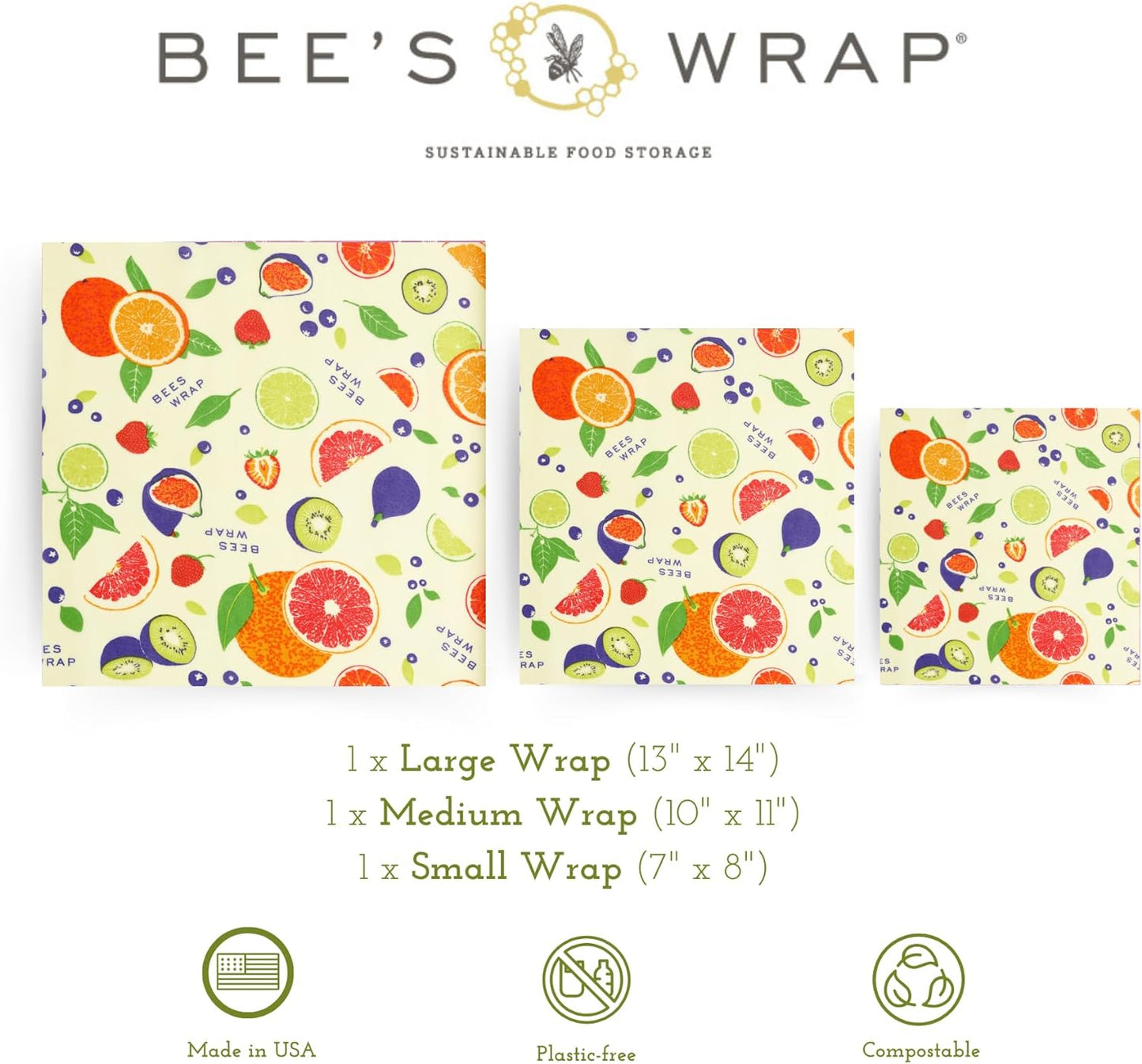 Bee's Wrap Beeswax Wraps for Food - Fresh Fruit 3 Pack (S, M, L) Made in USA Reusable & Organic Food Wraps, Sandwich Wrap & Bowl Covers - Eco-Friendly Alternative to Aluminum Foil & Plastic Wrap