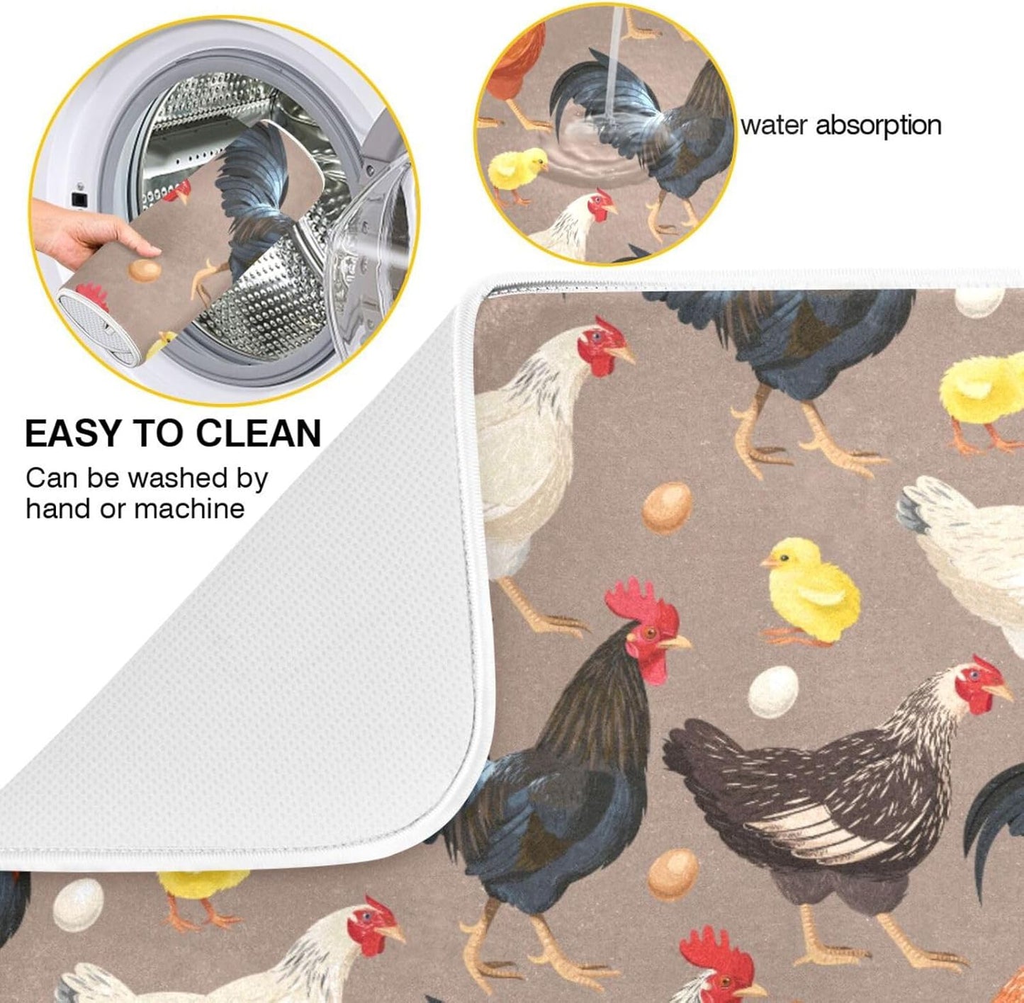Hens Roosters Chicken Dish Drying Mat for Kitchen Counter Absorbent Microfiber Drying Pad, Large 18x24 in, Reversible Drainer Mats