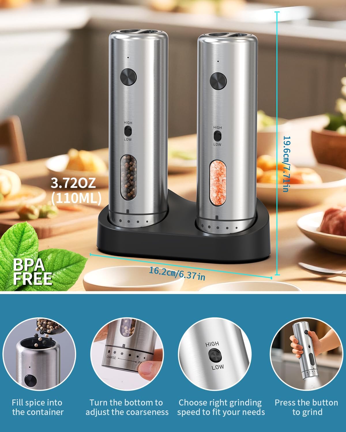 CIRCLE JOY Electric Salt and Pepper Grinder Set with Rechargeable Base Upgraded Stainless Steel Automatic Salt and Pepper Shakers with 2 Grinding Speeds, External Adjustment and 176ml Capacity, Silver