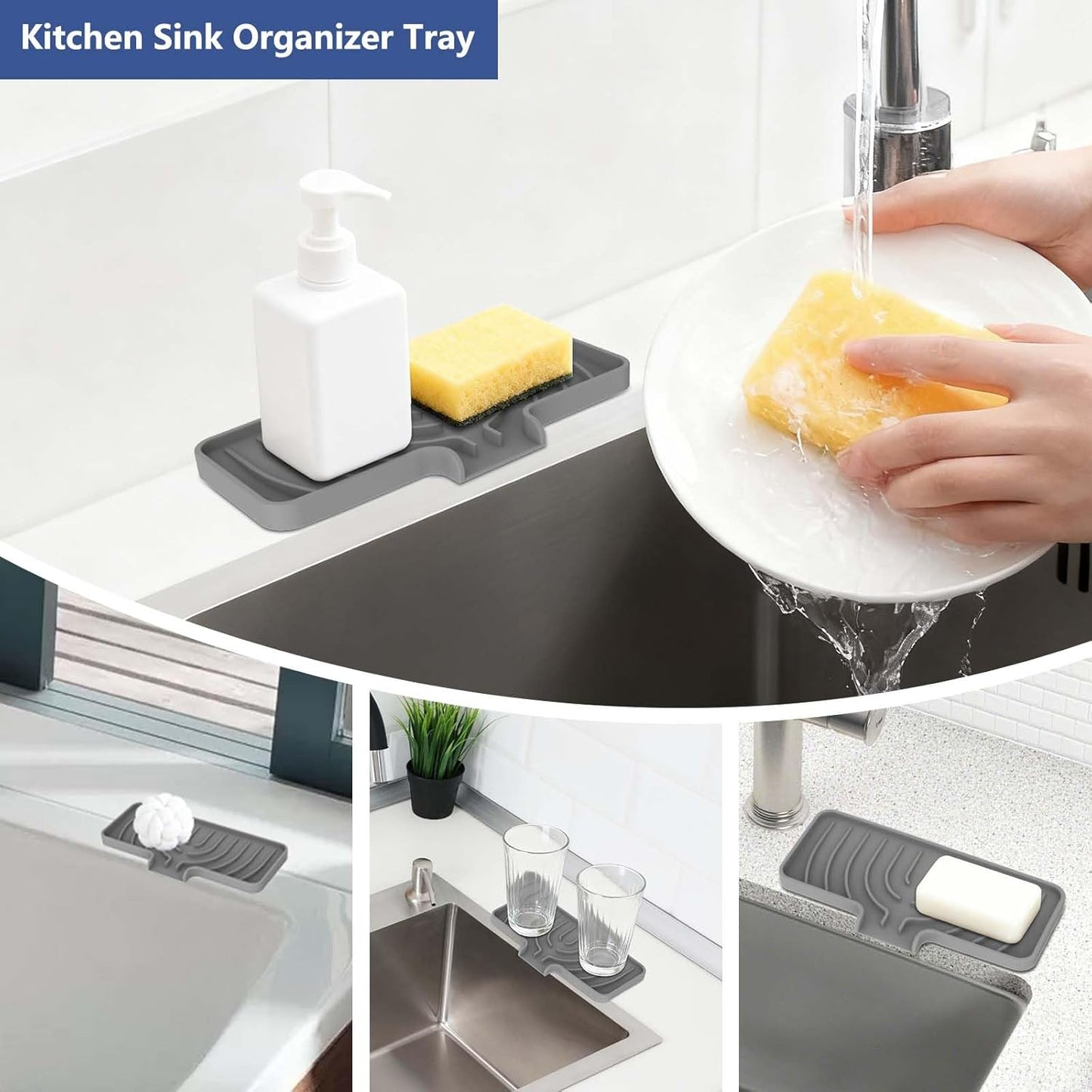 Silicone Sponge Holder for Kitchen Sink With Drain Spout, (Gray, 10×4) Self Draining, Kitchen Soap Tray, Bathroom Organizer, Sink Caddy, Perfect for Dispenser, Scrubber, Bottle, Cup on Counter