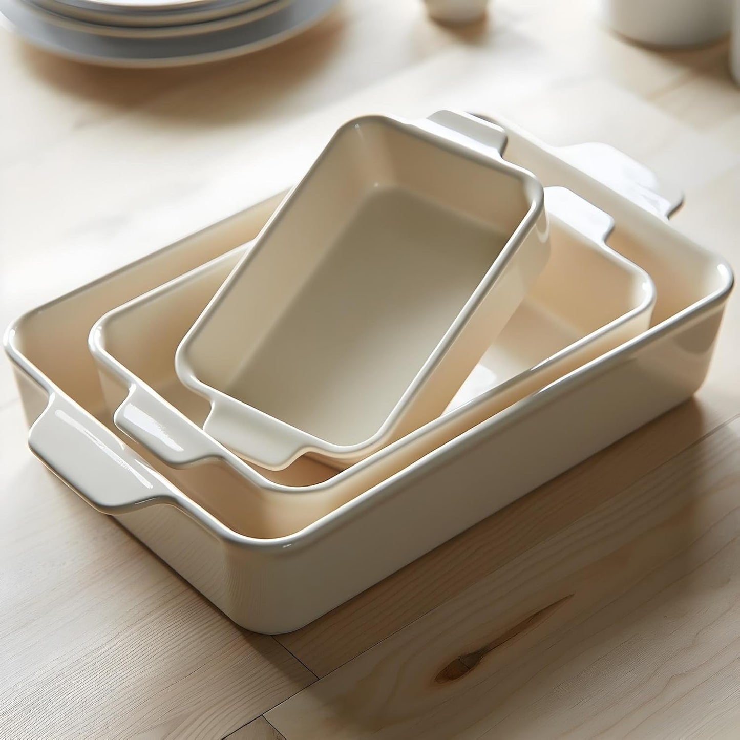 Kook Casserole Dish, Ceramic Baking Dish, Large Lasagna Pan Deep for Oven, 8.5 x 14, 11 x 7, 8 x 5, Set of 3, 92oz, 50oz, 20oz, Baking Pan with Handles, Oven Safe and Durable, Home, Gift, (Cream)