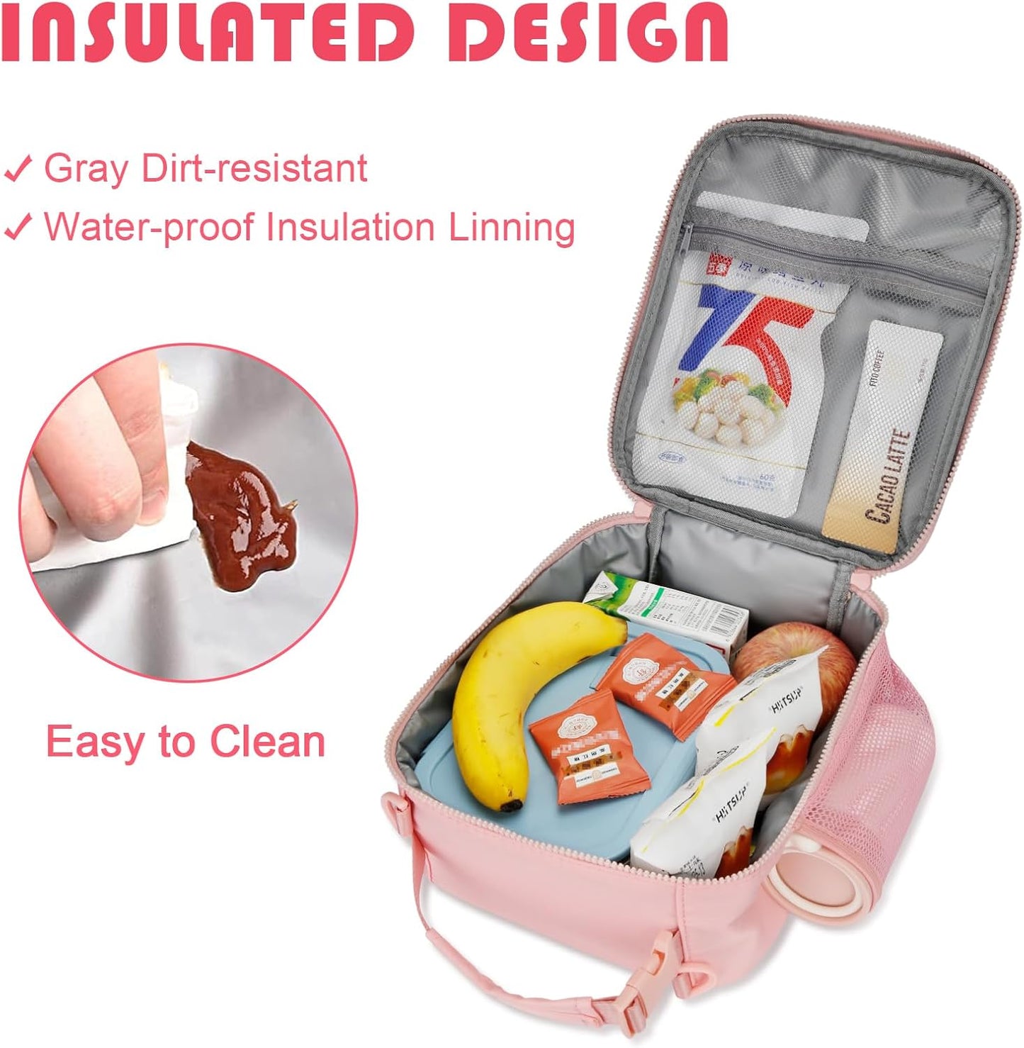 Initial Insulated Lunch Bag for Girls Kids, Back to School Gift, Reusable Leak-proof Lunch Box with Adjustable Strap for School Daycare Travel Picnic (Pink,E)