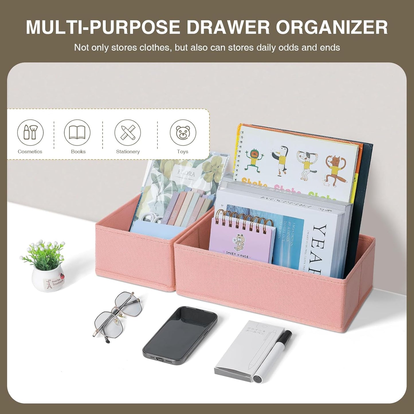 DIMJ Fabric Drawer Organizer Bins - 12 Pack Foldable Sock & Clothes Organizer - Pink