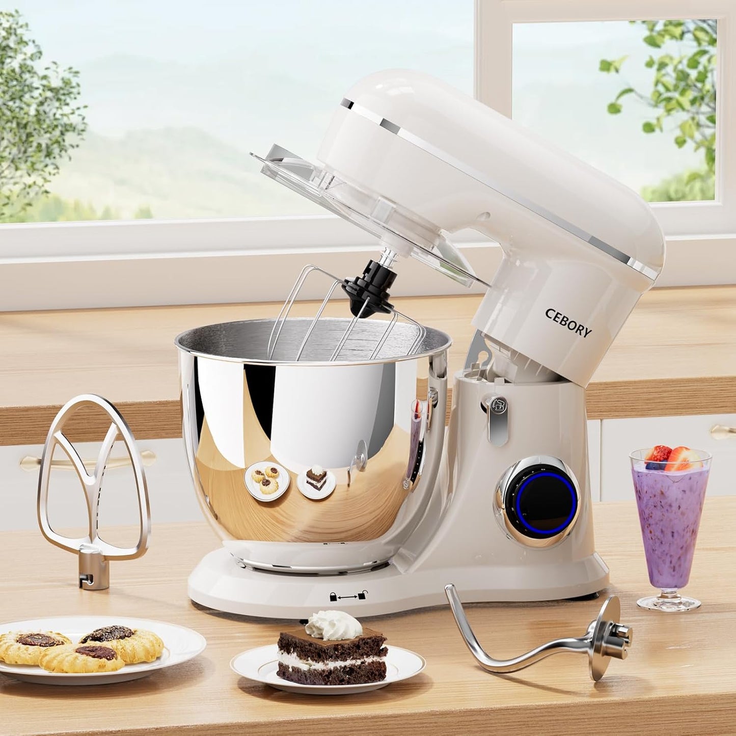 3-IN-1 Electric Stand Mixer, 6.5QT Bowl 660W 10-Speed Kitchen Mixer, Household Food Mixers include Dough Hook, Beater and Whisk, Bread Cake Mixer for Baking and Most Home Cooks, Almond Cream