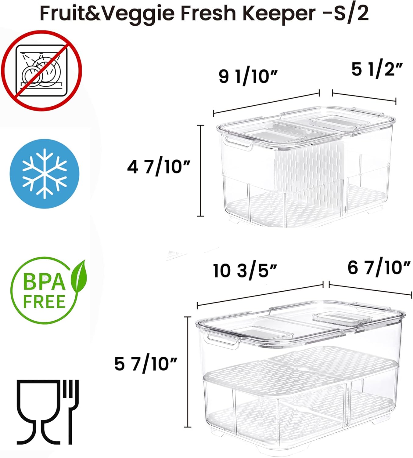 vacane Produce Saver with Lids, 2 Piece Fruit Vegetable Storage Container with Vents Stackable Fridge Drawers Organizer Salad Lettuce Keeper For Refrigerator,Bpa-free Fresh Keeper,5.7L&2.8L