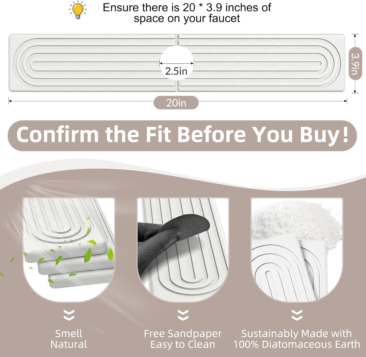 Faucet Mat for Kitchen Sink - Super Absorbent Diatomite Fast Drying Stone, Quick Drying Splash Guard,Prevents Moisture Buildup Sink, Durable Protector for Kitchen,Bathroom Counter