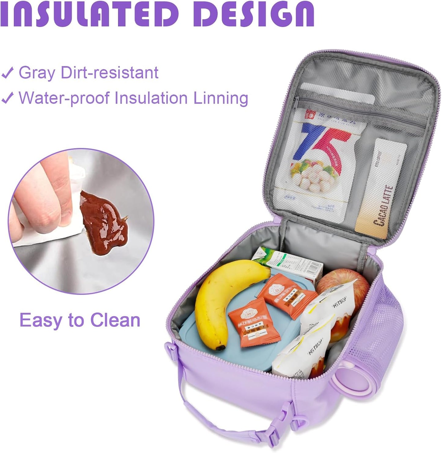 Initial Insulated Lunch Bag for Girls Kids, Back to School Gift, Reusable Leak-proof Lunch Box with Adjustable Strap for School Daycare Travel Picnic (Purple,P)