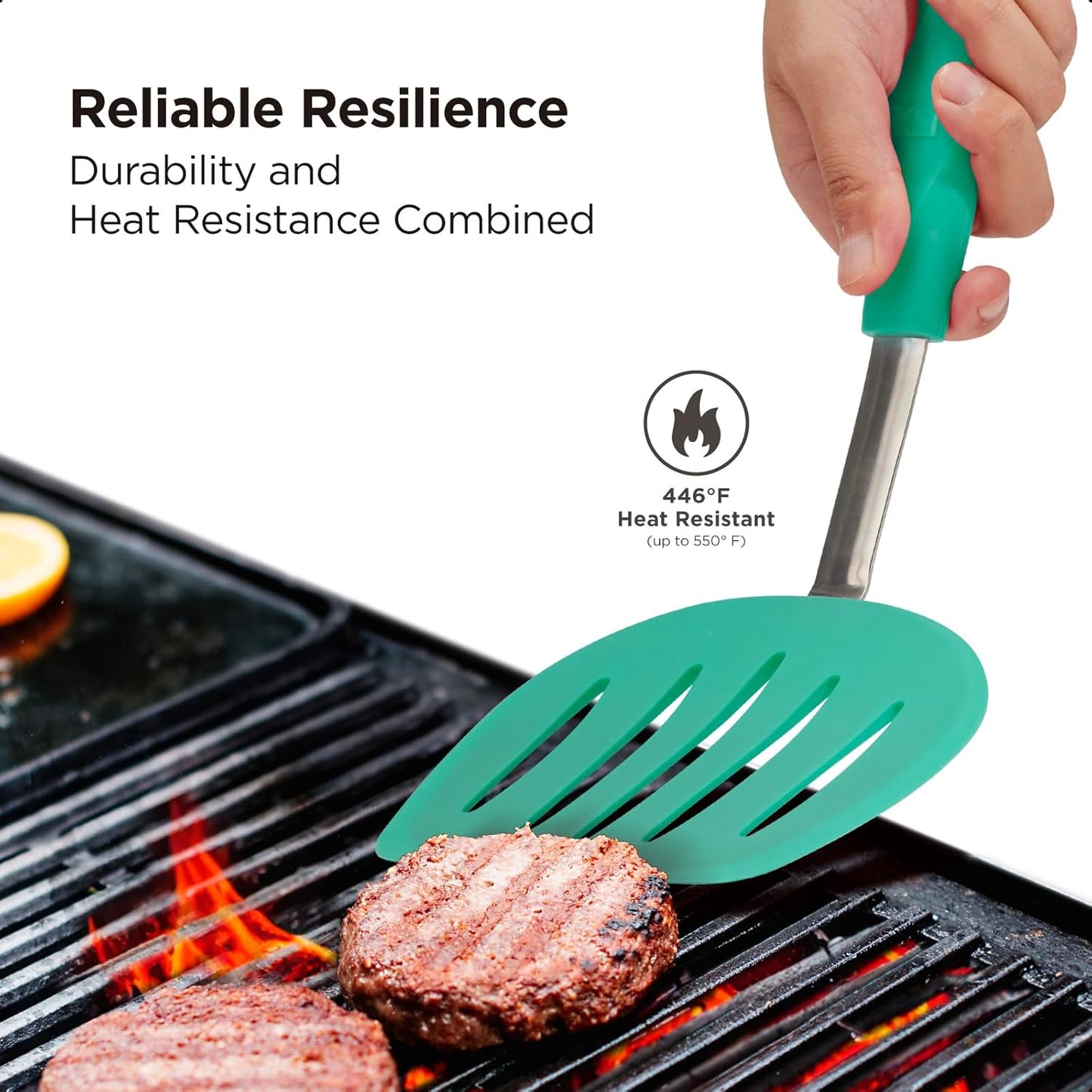 Kitchen Mama WaltzGrip Platinum Silicone Pancake Spatula Turner: Heat Resistant Flexible, Stainless Steel Core, Nonstick, Dishwasher Safe, Flipper – Ideal Kitchen Cookware for Eggs, Fish, Meat (Teal)