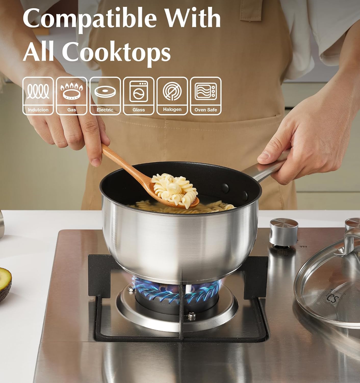 KOCH SYSTEME CS Stainless Steel Saucepan 2 Quart, Stainless Steel Saucepan with Ultra Nonstick Coating, 2 Quart Sauce Pan with Lid, Nonstick Pot 2QT, Easy to Clean, Oven Safe, Induction Compatible