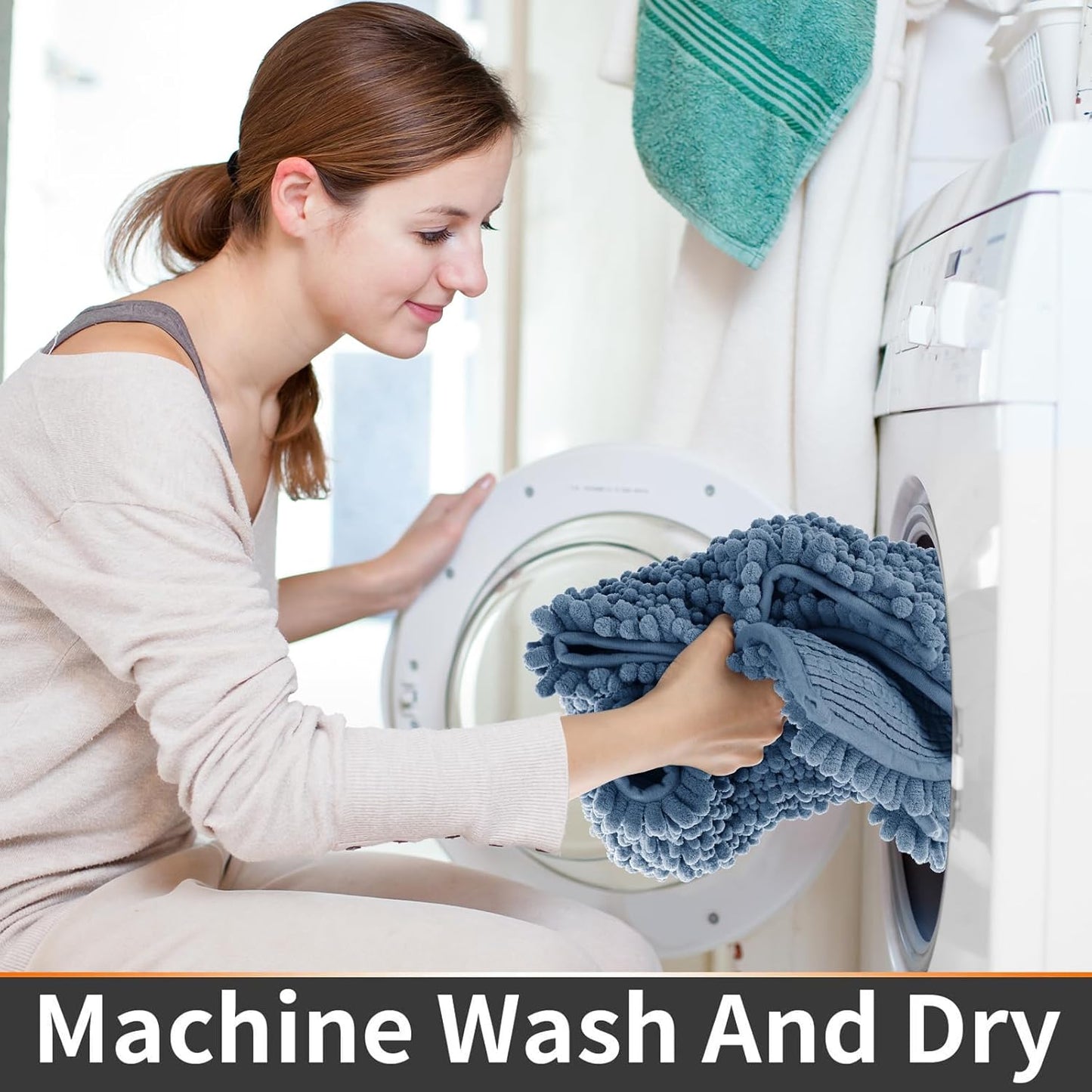 Yimobra Toilet Rug U Shaped Washable 24x20 Inch - Ultra Soft Absorbent Chenille Bath Rugs for Toilet, Quick Dry & Machine Washable, Non Slip Contour Bathroom Mat, Denim Blue