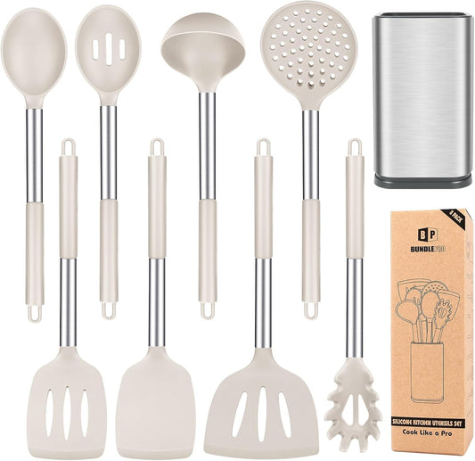 Silicone Cooking Utensil Set, 8Pcs Non-stick Cookwares with Stainless Steel Handle, BPA Free Heat Resistant Kitchen Tools with Spatulas, Turners, Spoons, Skimmer and Pasta Fork (KHAKI)