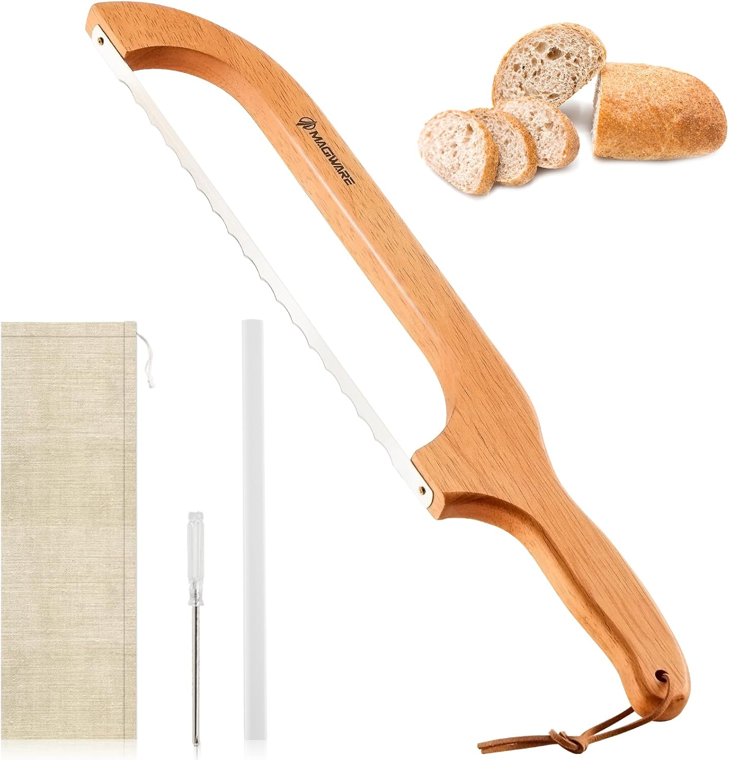 Sourdough Bread Knife, Sharp Bread Slicer for Homemade Bread, Wooden Bread Bow Knife Bread Cutter for Slicing (Natural Oak)