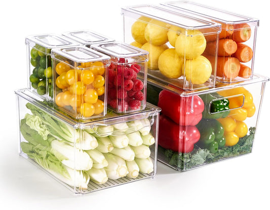 MUCHII 8 Pack Fridge Organizers, Stackable Fridge Organizer Bins with Lids, Kitchen Organization Storage Containers for Fruit, Food, Vegetables