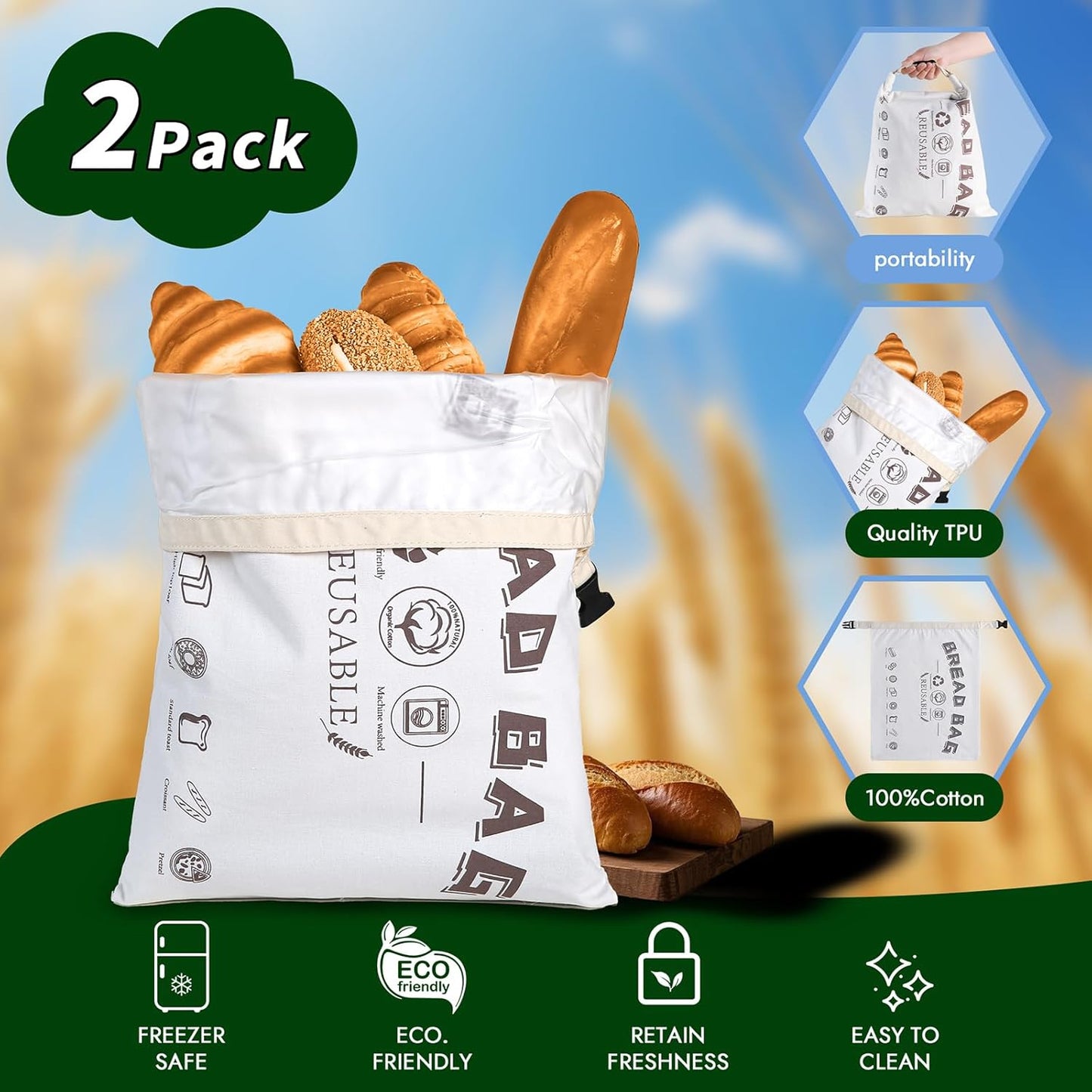 Reusable Bread Bags for Homemade Bread,Cotton Bags with Food Grade TPU Liner Extend Freshness, Large Capacity Cloth Bag for Travel Friendly,Washable,Refrigerable, Gift for Bakers (Set of 2)