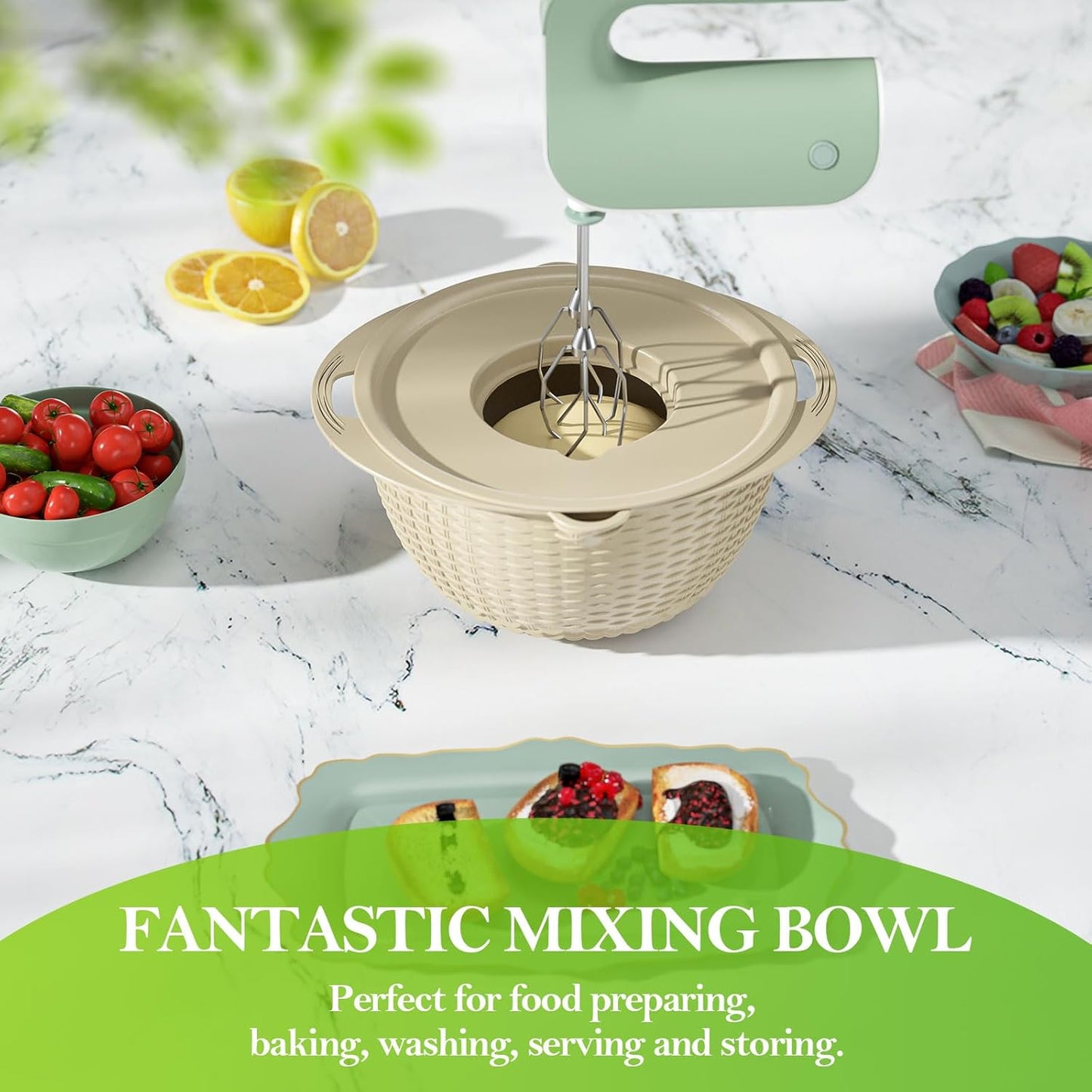 4-1 Colander with Bowl Set - Rotatable Strainers for Kitchen, Food Strainers and Colanders, Funny Presents for Women, Fruit Cleaner, Veggie Wash, Aesthetic Kitchen Gadget Essentials - Beige