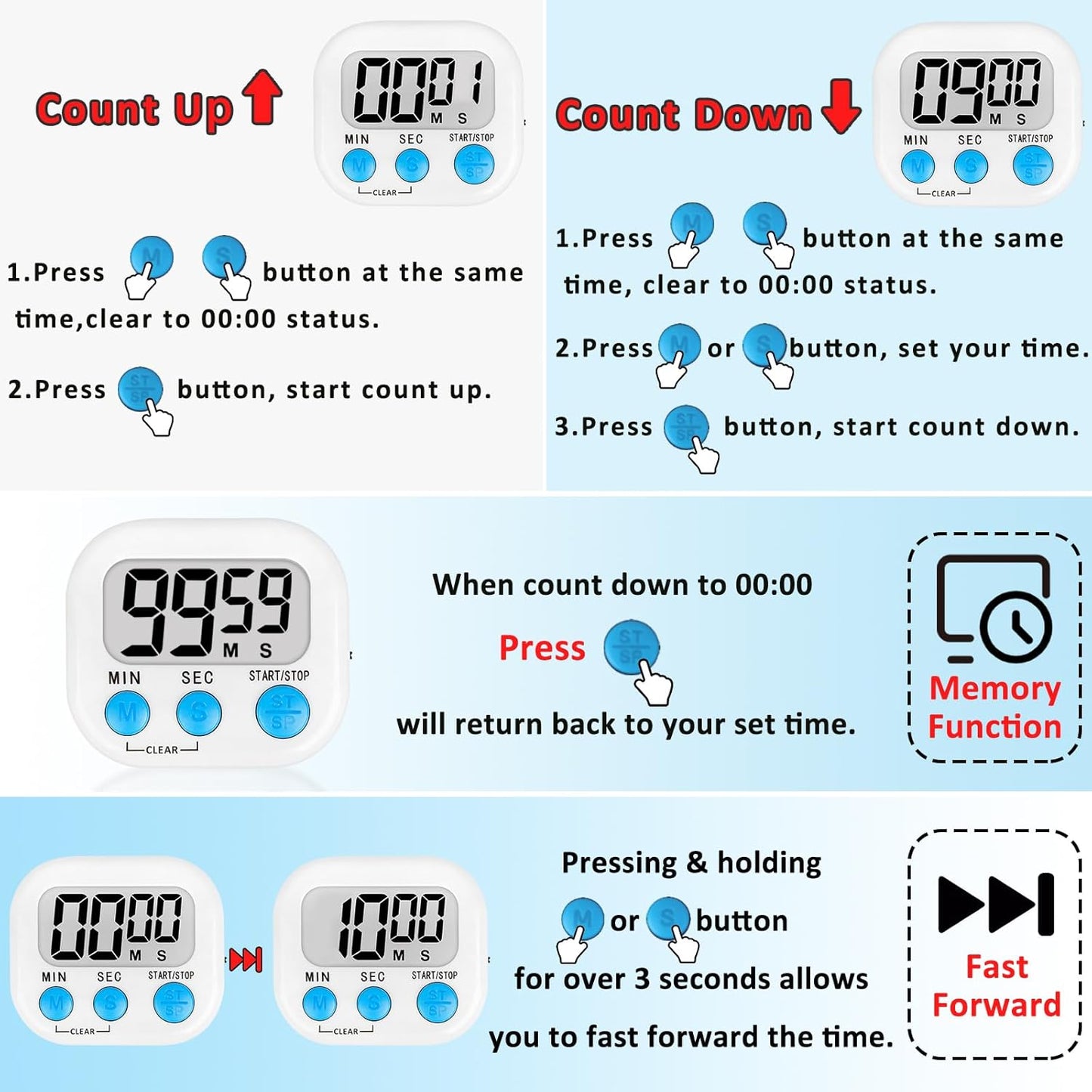 ZILLEEN 6 Pack Kitchen Timers for Cooking Digital Classroom Timers for Kids Teachers White Blue Pink