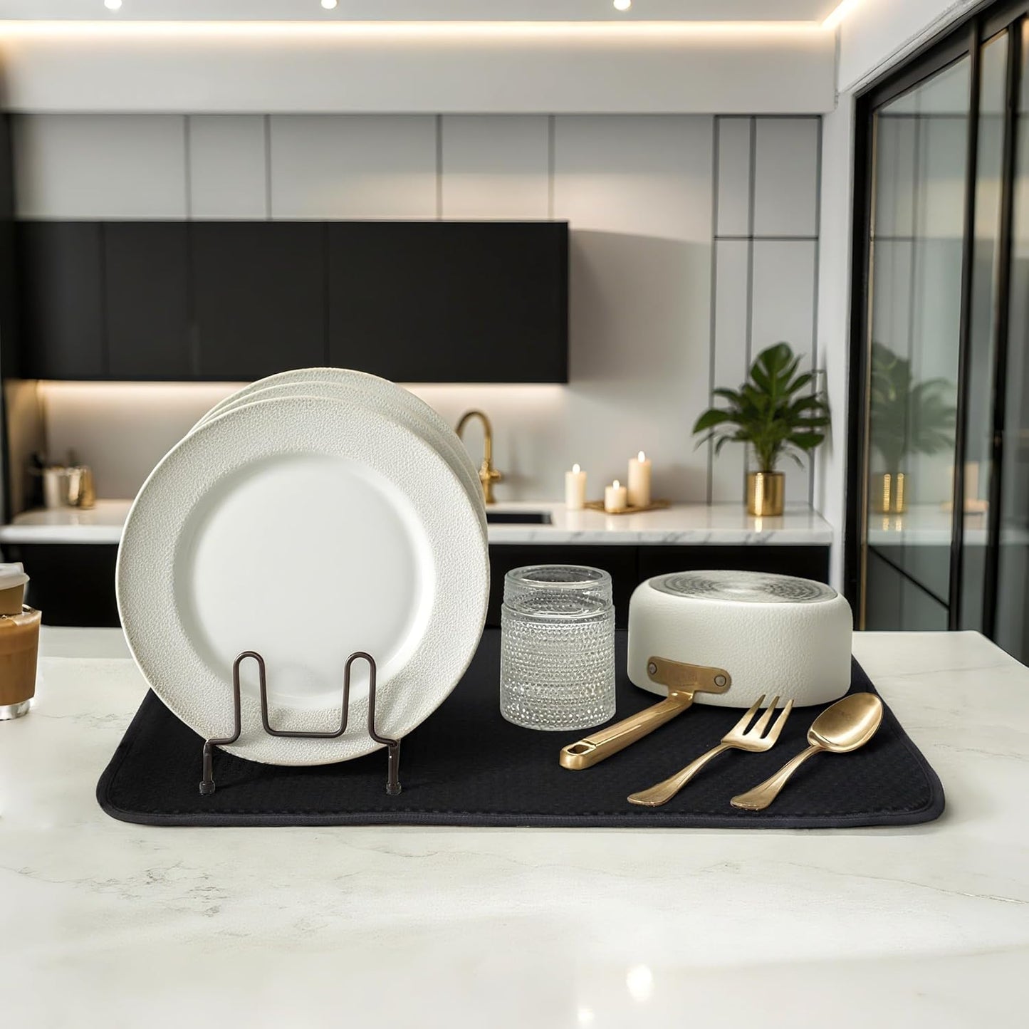 Black Dish Drying Mats 20" x 15", XL Kitchen Drying Mat for Counter, Microfiber Dish Dryer Mat, Microfiber Dish Rack Mat, Foldable Dish Drying Pad for Dishes, Pots, Pans (Black)