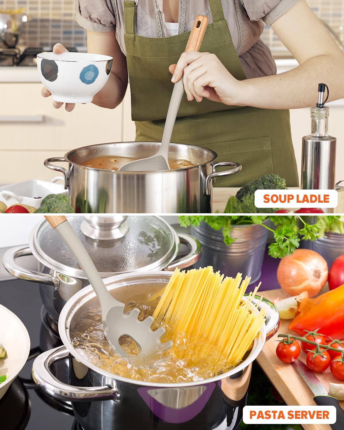Pasta Fork and Ladle Set, Perfect for Serving Hot Soup, Stirring, and Sauce Pasta, BPA-Free Matte Silicone, Wood Handle Spaghetti Spoon for Nonstick Cooking Surfaces (Khaki)