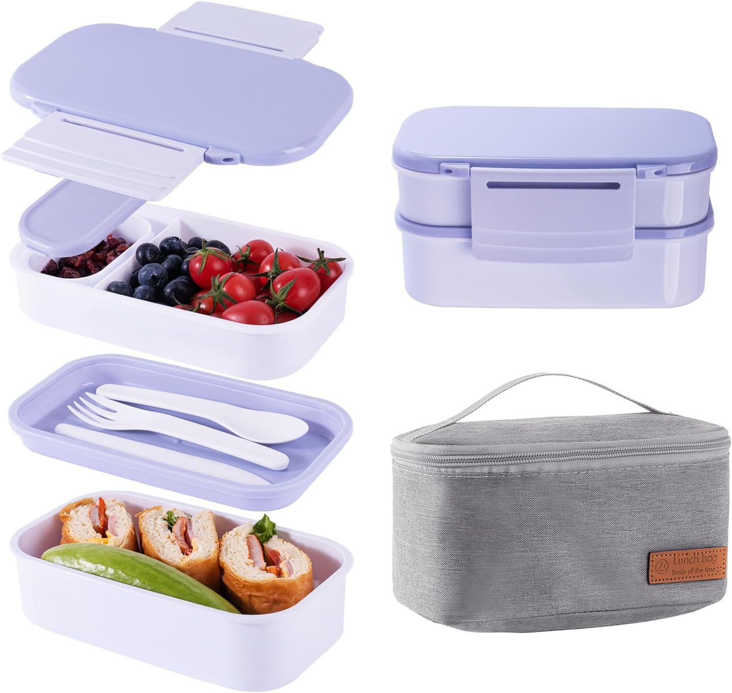 Lunchneo bento box for adults, separate for men and women, set of utensils and dipping containers, cute Japanese bento box, microwave heatable(White)