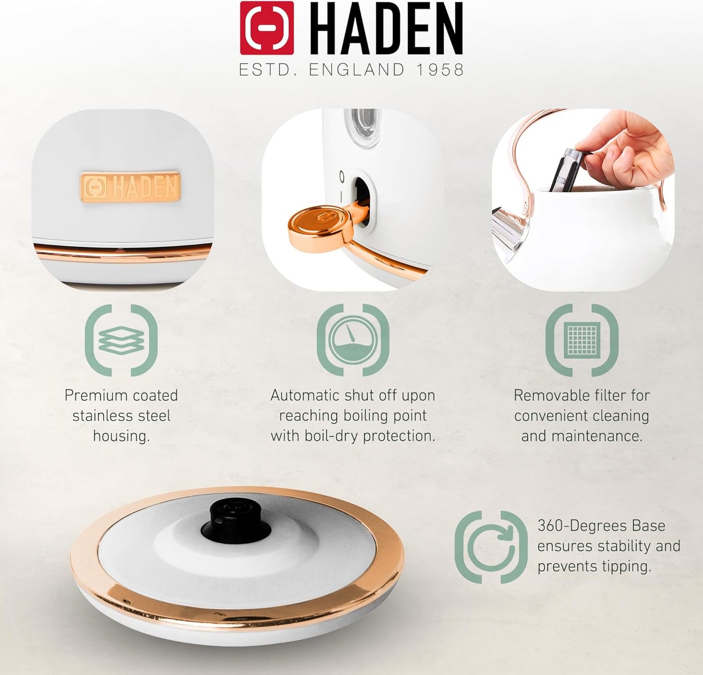 Haden Heritage 1.7 Liter Stainless Steel Electric Kettle, Hot Water Kettle with 360-Degree Base and Auto Shutoff, Ivory & Copper