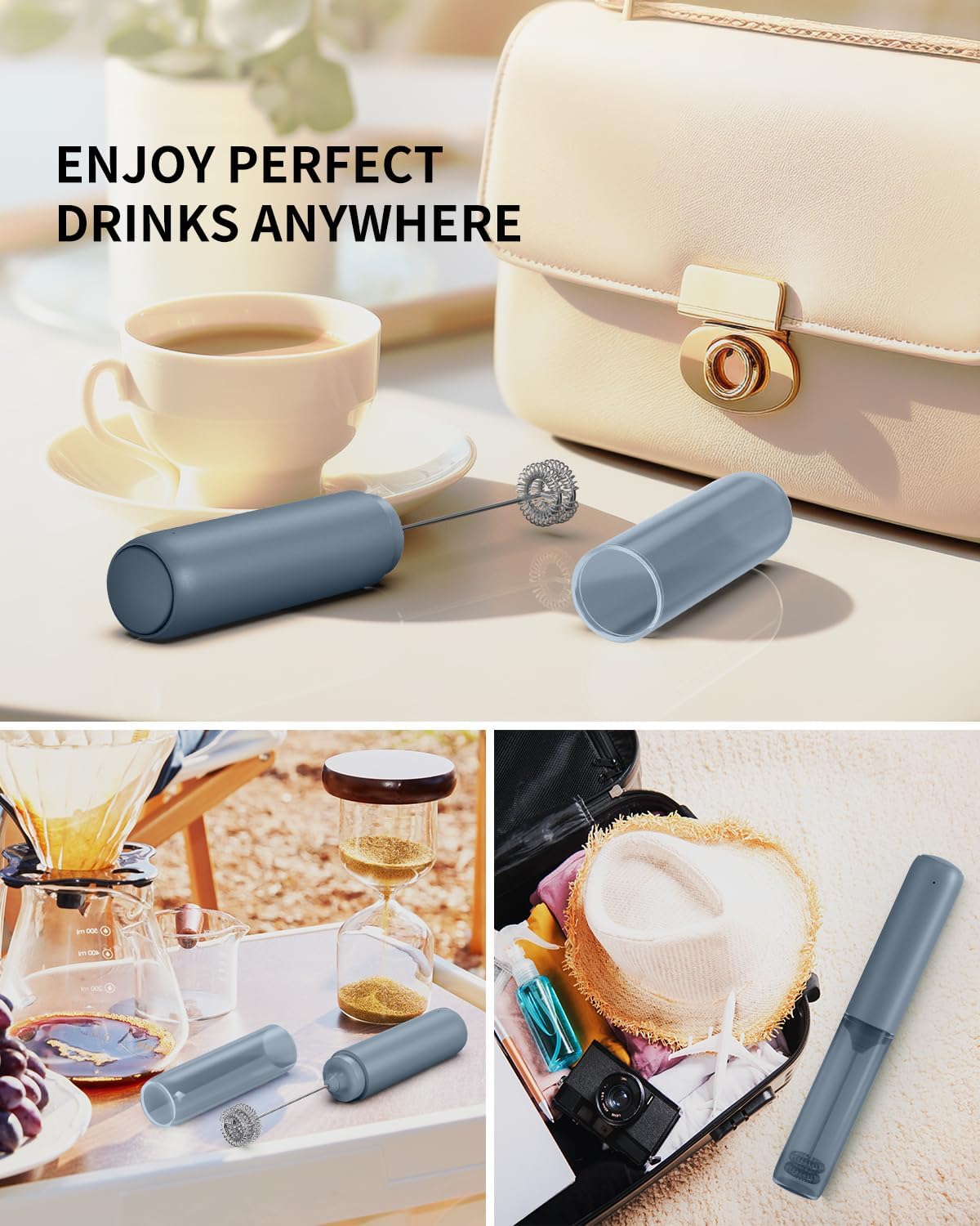 CIRCLE JOY Rechargeable Milk Frother Hanheld, Dual Ring Electric Coffee Frother, Portable Hand Frother Wand Drink Mixer for Matcha Lattes Cappuccino, Kitchen Gifts, Blue