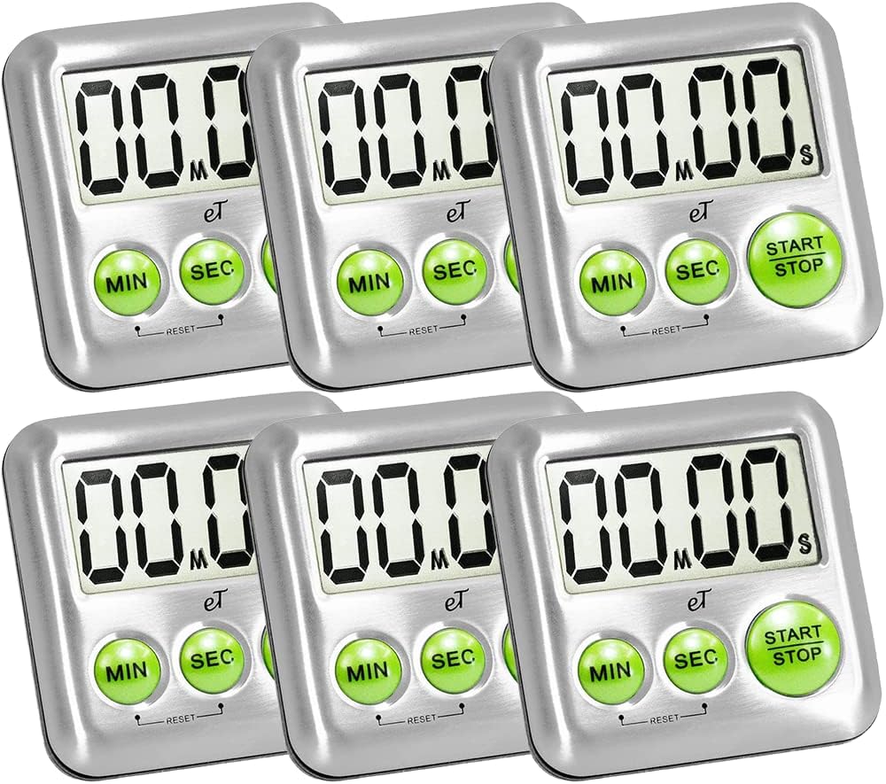 Elegant Digital Kitchen Timer Stainless Steel - Lime - Strong Magnetic Back - Kickstand - Loud Alarm - Large Display - Auto Memory - Auto Shut-Off - Model eT-25 (Lime 6-Pack) by eTradewinds