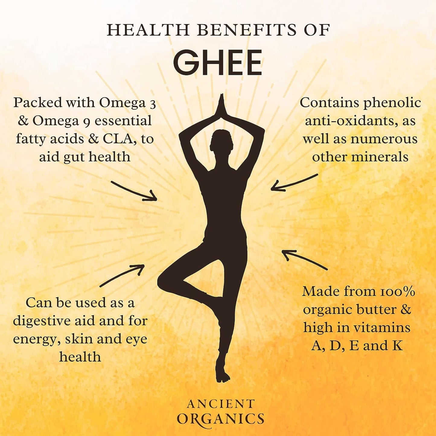 Ancient Organics Ghee, Organic Grass Fed Gluten Free Clarified Ghee Butter with Vitamins & Omegas, Lactose Free, 100% Certified Organic, Kosher, USDA Certified, Made in USA - 16 Fl Oz (Pack of 3)