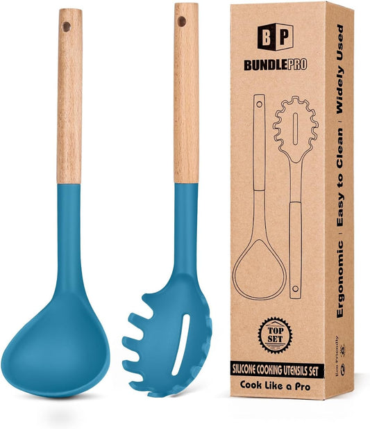 Silicone Pasta Fork and Ladle Spoon Set with Wooden Handle, Heat Resistant Non Stick Kitchen Utensils for Cooking, Stirring, Serving Spaghetti, Soup, Sauce(BLUE)