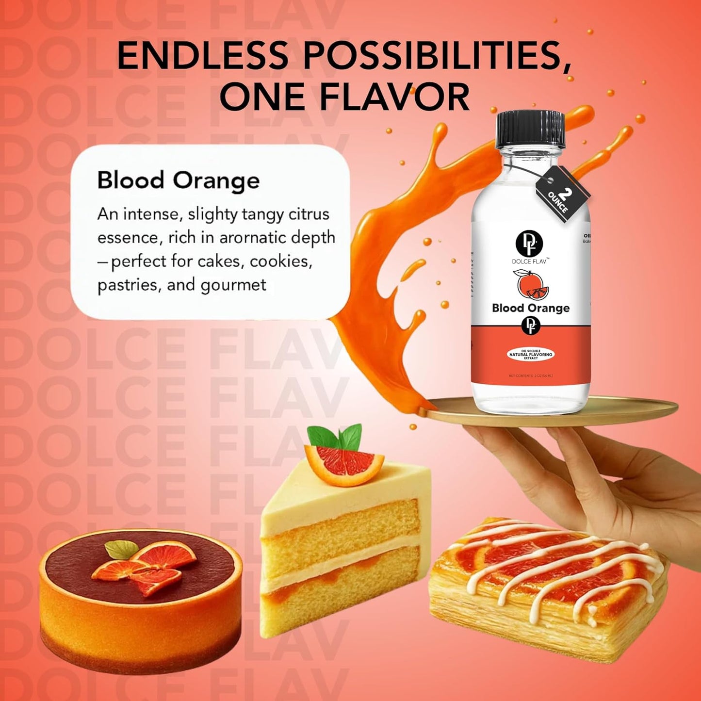 Dolce Flav Natural Blood Orange Extract – 2 Ounce Oil-Soluble Kosher, Sugar-Free, Concentrated Rich Citrus Flavoring for Baking, Chocolates & Desserts, Includes Measured Dropper