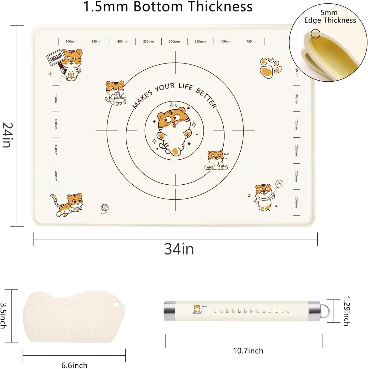34x24 Inch Extra Thick Silicone Pastry Board, Silicone Baking Mat with Measurements, Non-slip Silicone Mat, Kneading Counter Mat, Non-Stick Dough Mat with Edge Heightening