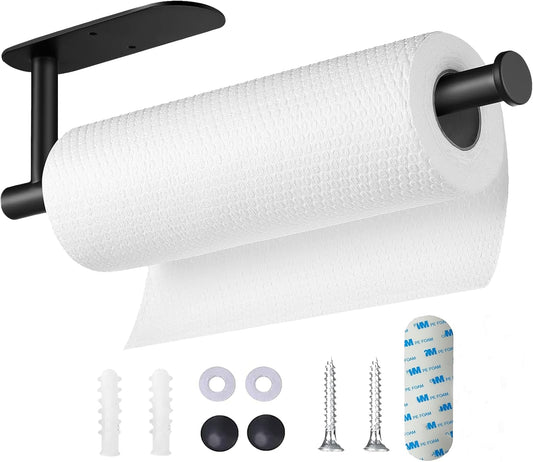 Self Adhesive or Drilling Paper Towel Holder Under Cabinet,Black Stainless Steel Hanging Paper Towel Holder Wall Mount for Kitchen Paper Towel,Under Counter Paper Towel Roll Rack for Home,Bathroom,RV