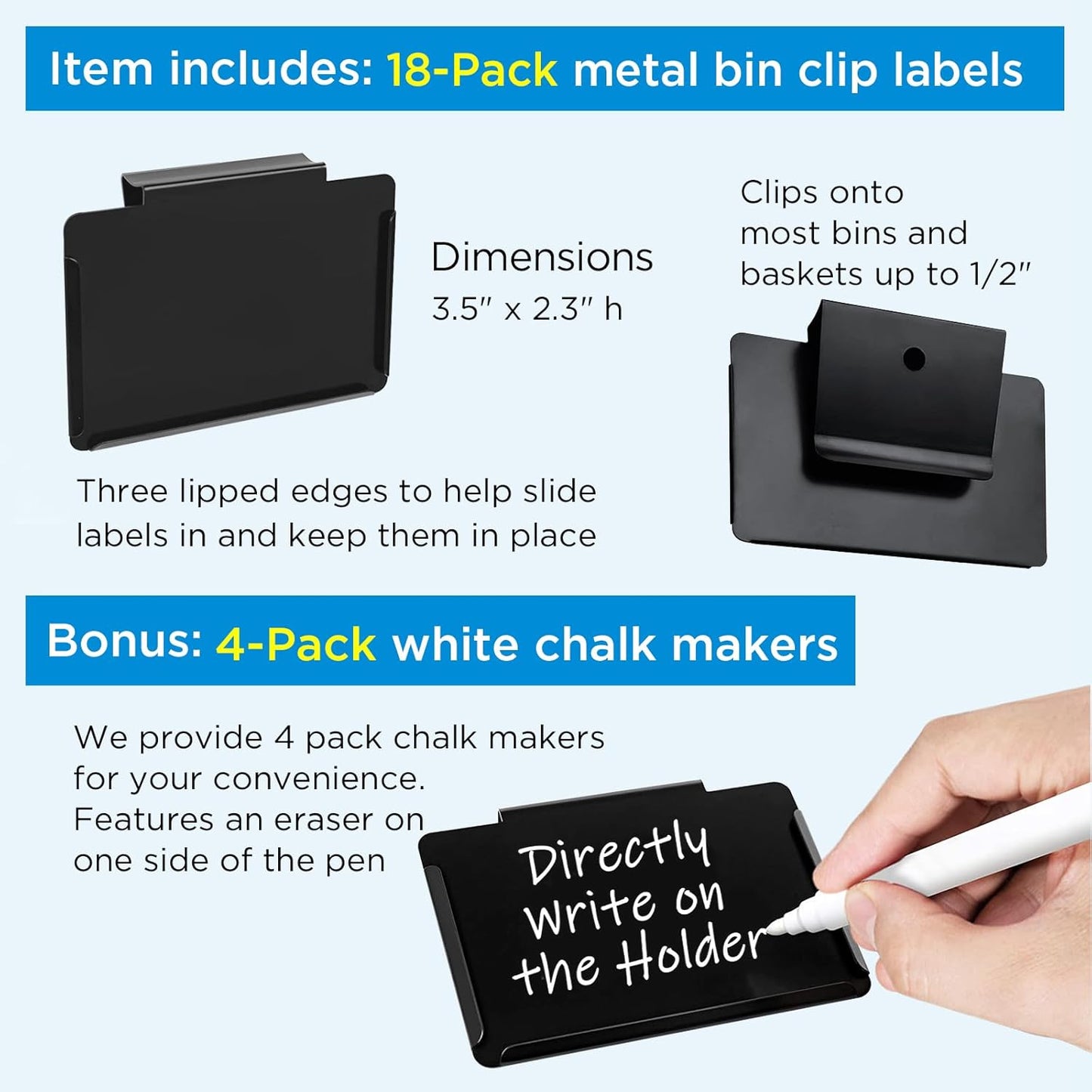 Metal Pantry Baskets Labels Clip On for Storage Bins | Edge Fold-Cream (Edge Fold-Black, 18 Metal Label Clip)