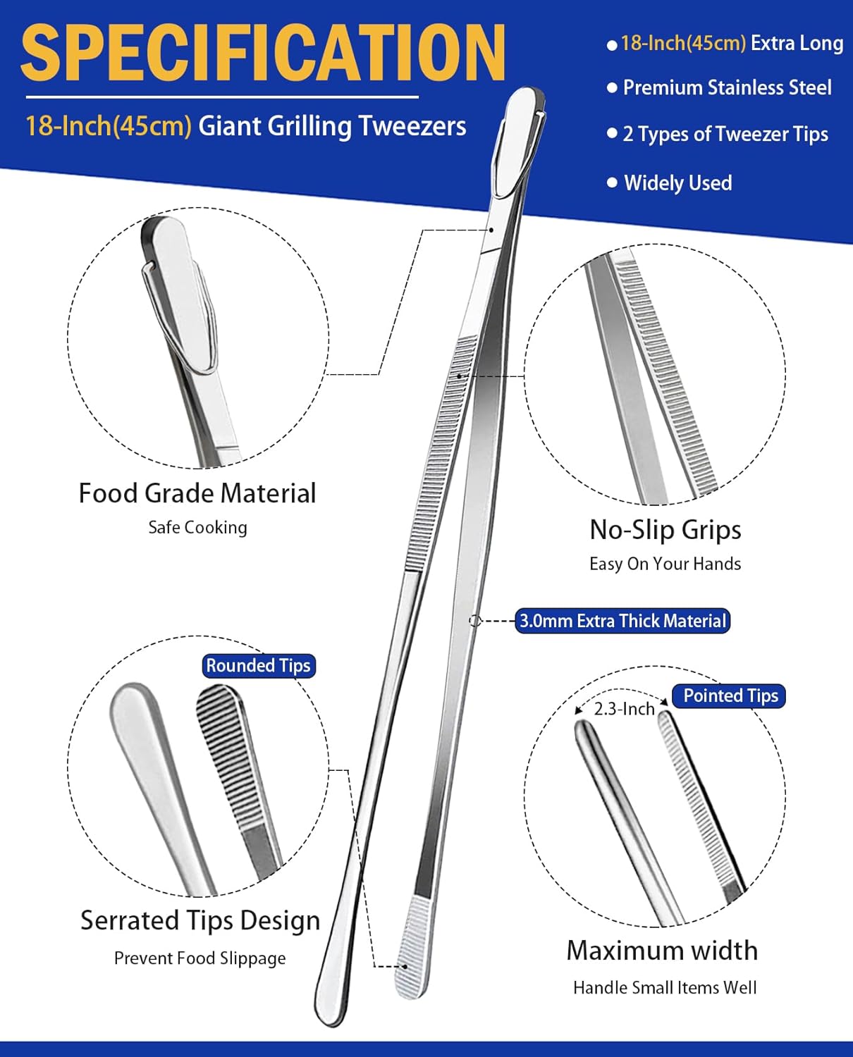 JETKONG 18 Inch (45cm) Extra Long Grill Tongs, Heavy Duty Stainless Steel Tweezer Tongs for Cooking, Grilling, Barbecue/BBQ, Buffet and Turning Food (Round Tips)