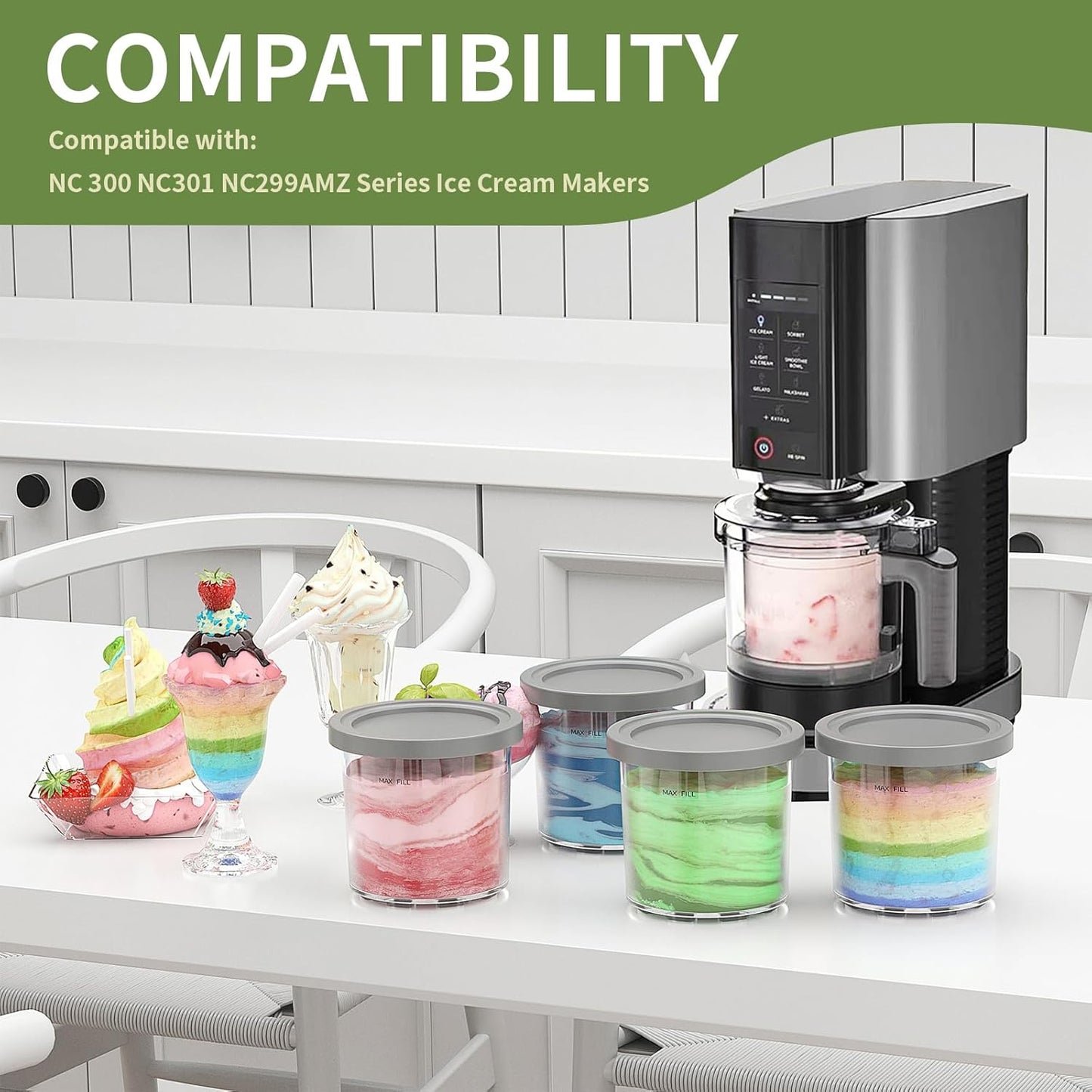 Containers Replacement for Ninja Creami Pints and Lids - 4 Pack,16oz Ice Creamy Containers Cups Jars Canisters Set Compatible with NC299AMZ & NC300s Series Ice Cream Maker- 4 Pack Grey