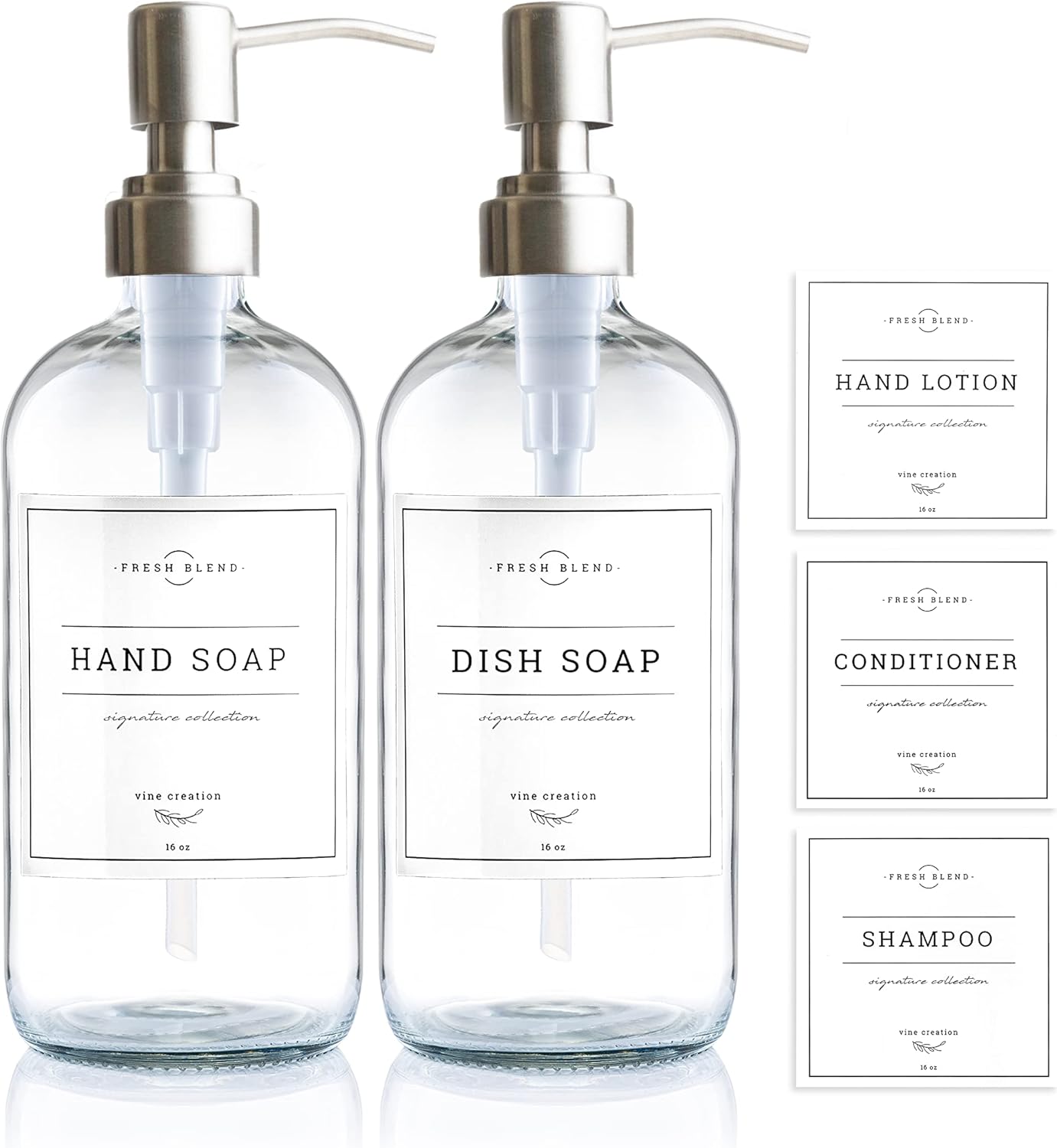 Vine Creations Clear Glass Soap Dispenser, 2 Pack Kitchen Soap Dispenser Set with Stainless Steel Pump, 16 oz Hand Soap or Dish Soap for Bathroom or Kitchen with Waterproof Labels