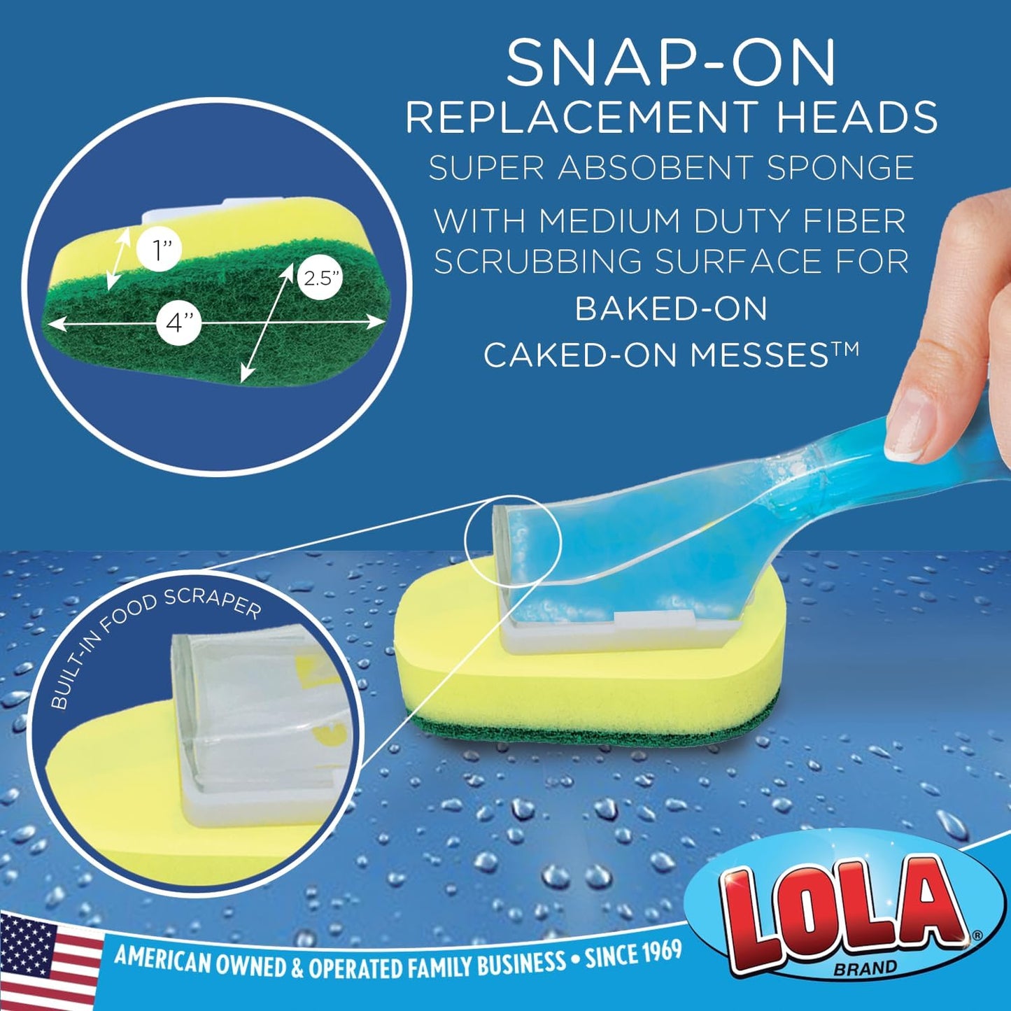 Lola Products Dish Brush w/Soap Dispenser Wand, Absorbent Sponge Scrubber, No Leaking. Clean Dishes, Sinks and Cookware, 1 Brush w/Head & 6 Refills