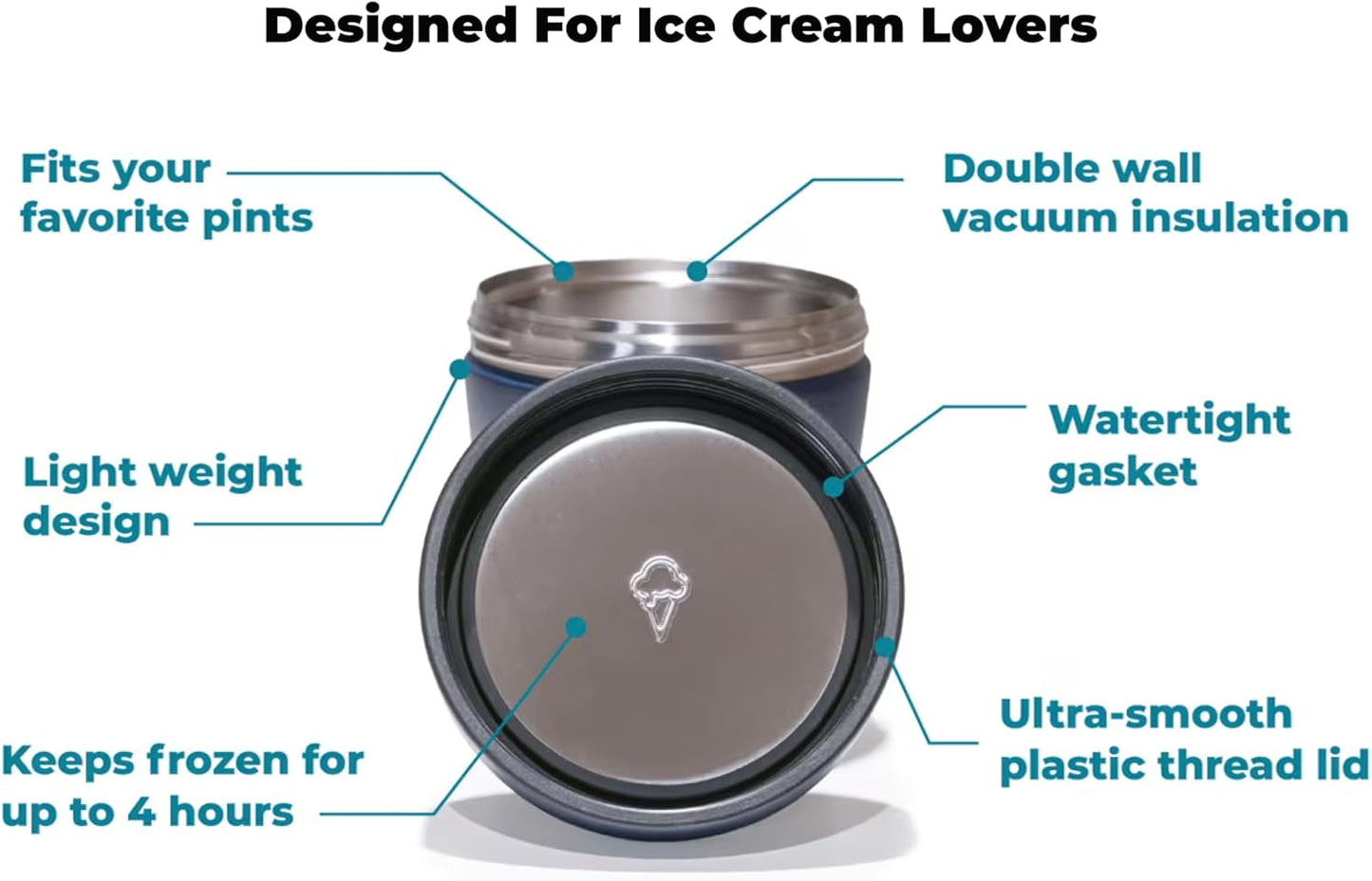 Vacuum Insulated Ice Cream Pint Cooler Keeps Frozen for hours enjoy ice cream anywhere (Stainless Steel)
